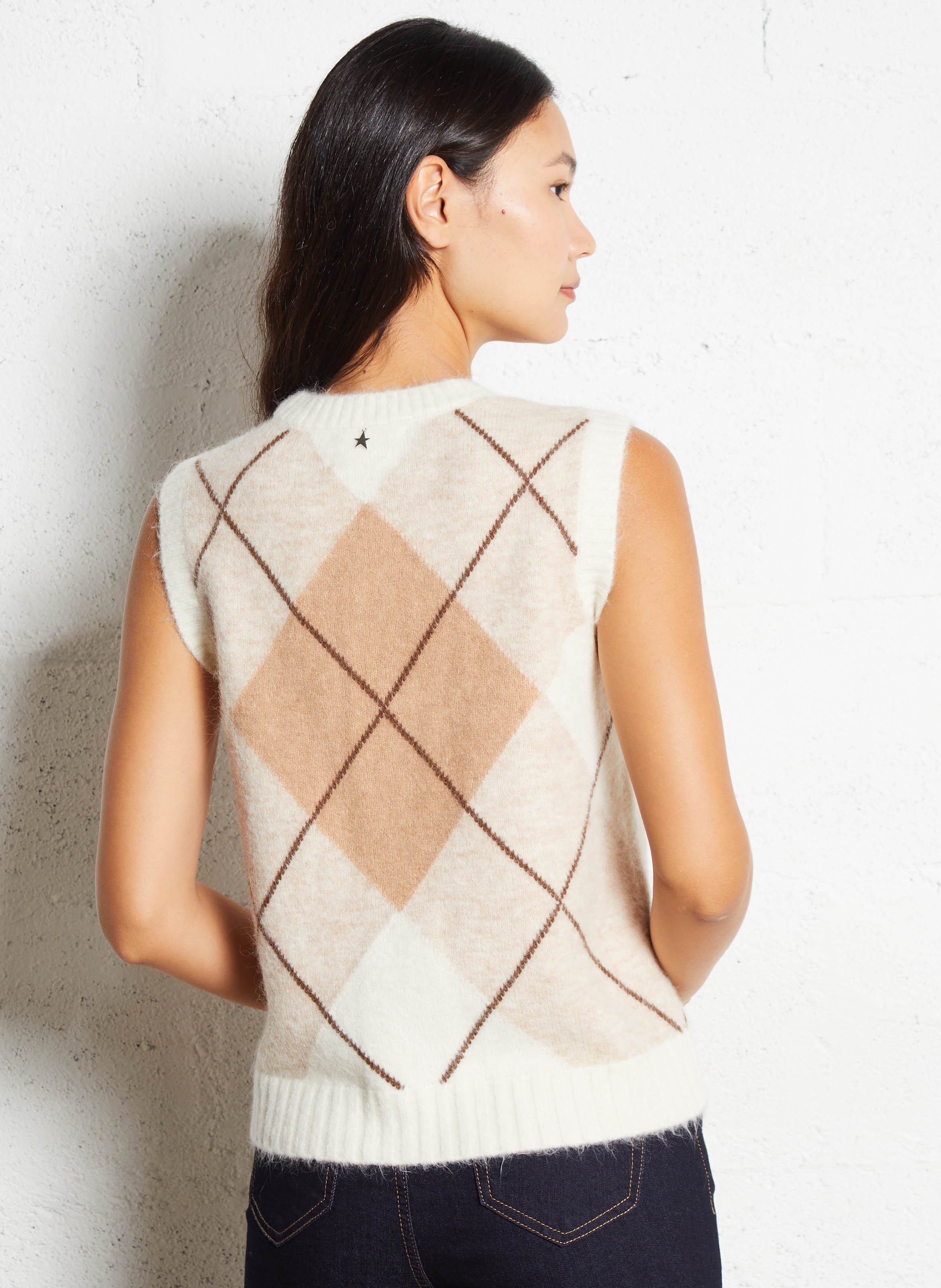 Pull droit sans manches jacquard en alpaga mélangé SUD EXPRESS Beige