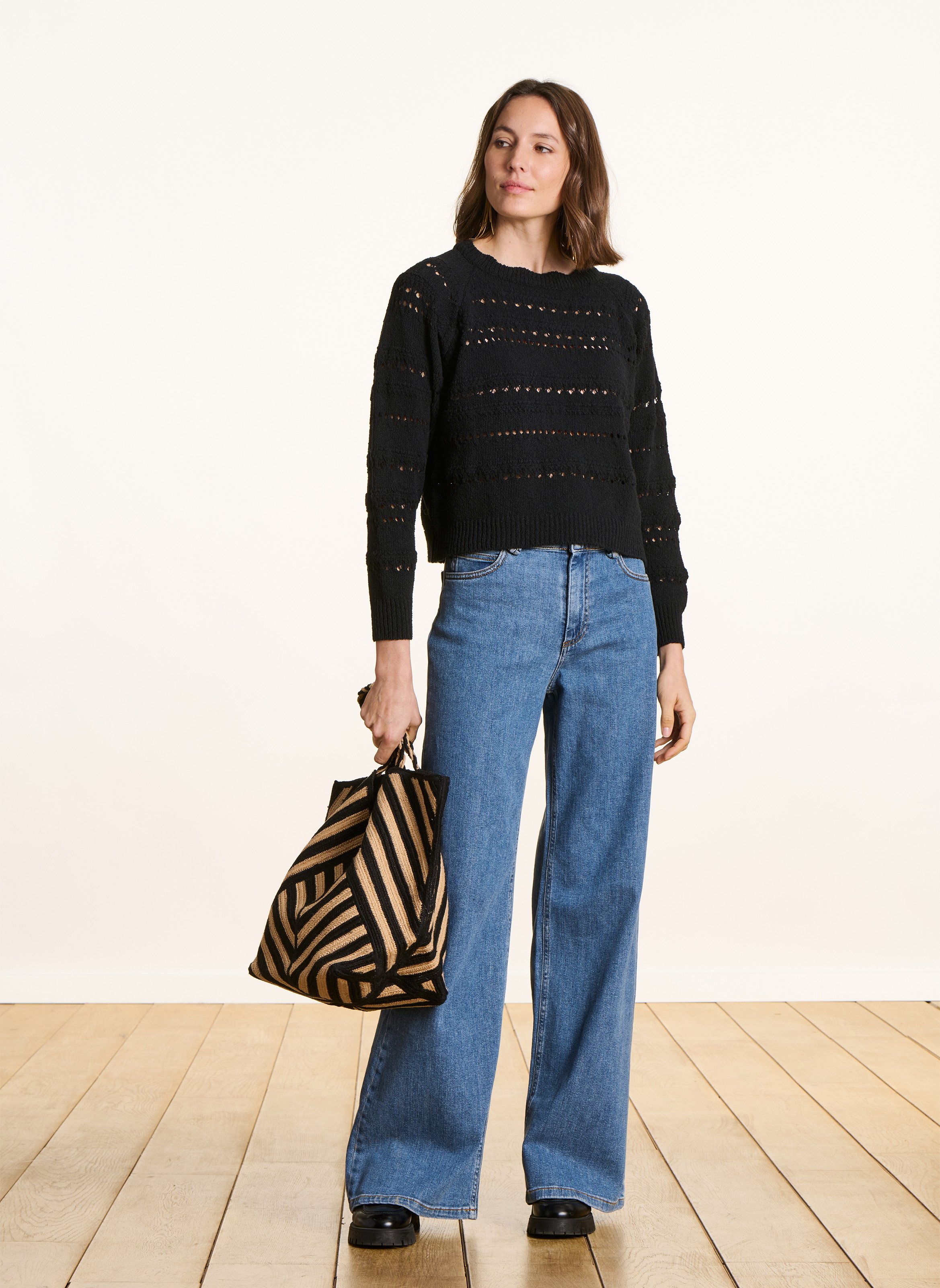 Gerader Rundhalsausschnitt-Pullover aus Lochstrick LA FEE MARABOUTEE Schwarz