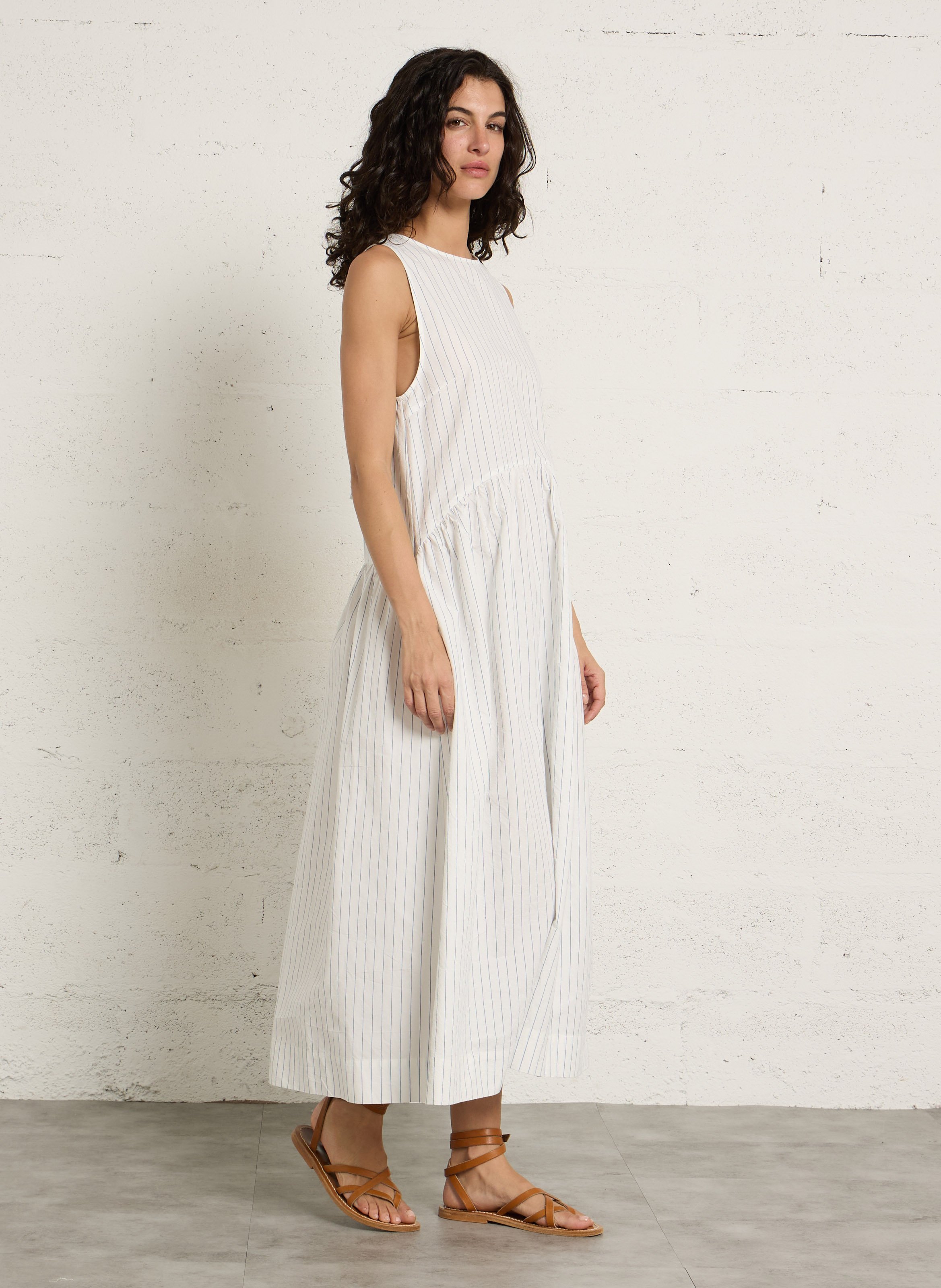 Long round neck dress in striped cotton and linen THE TINY BIG SISTER White