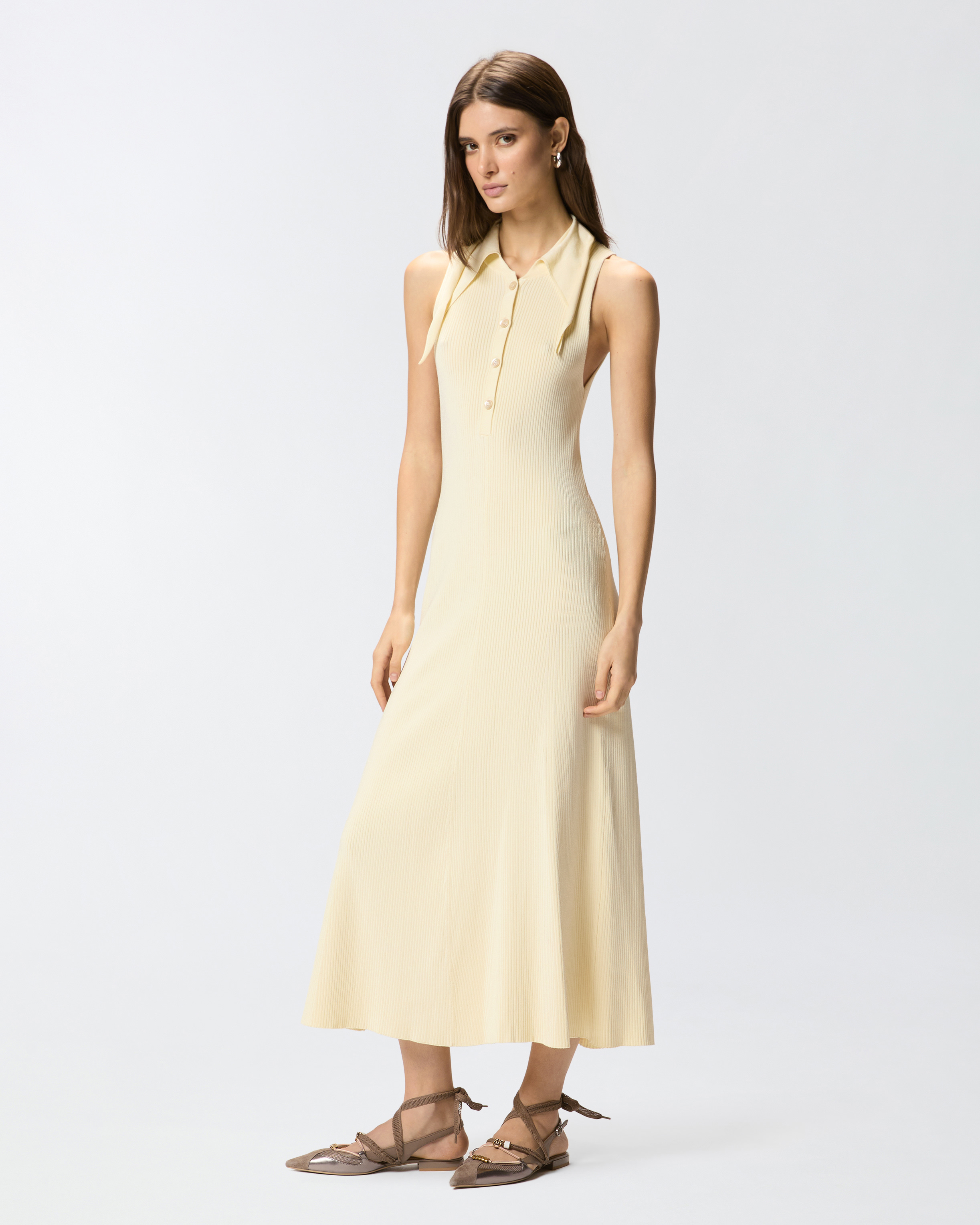 Robe longue côtelée à col façon bandana PINKO Beige