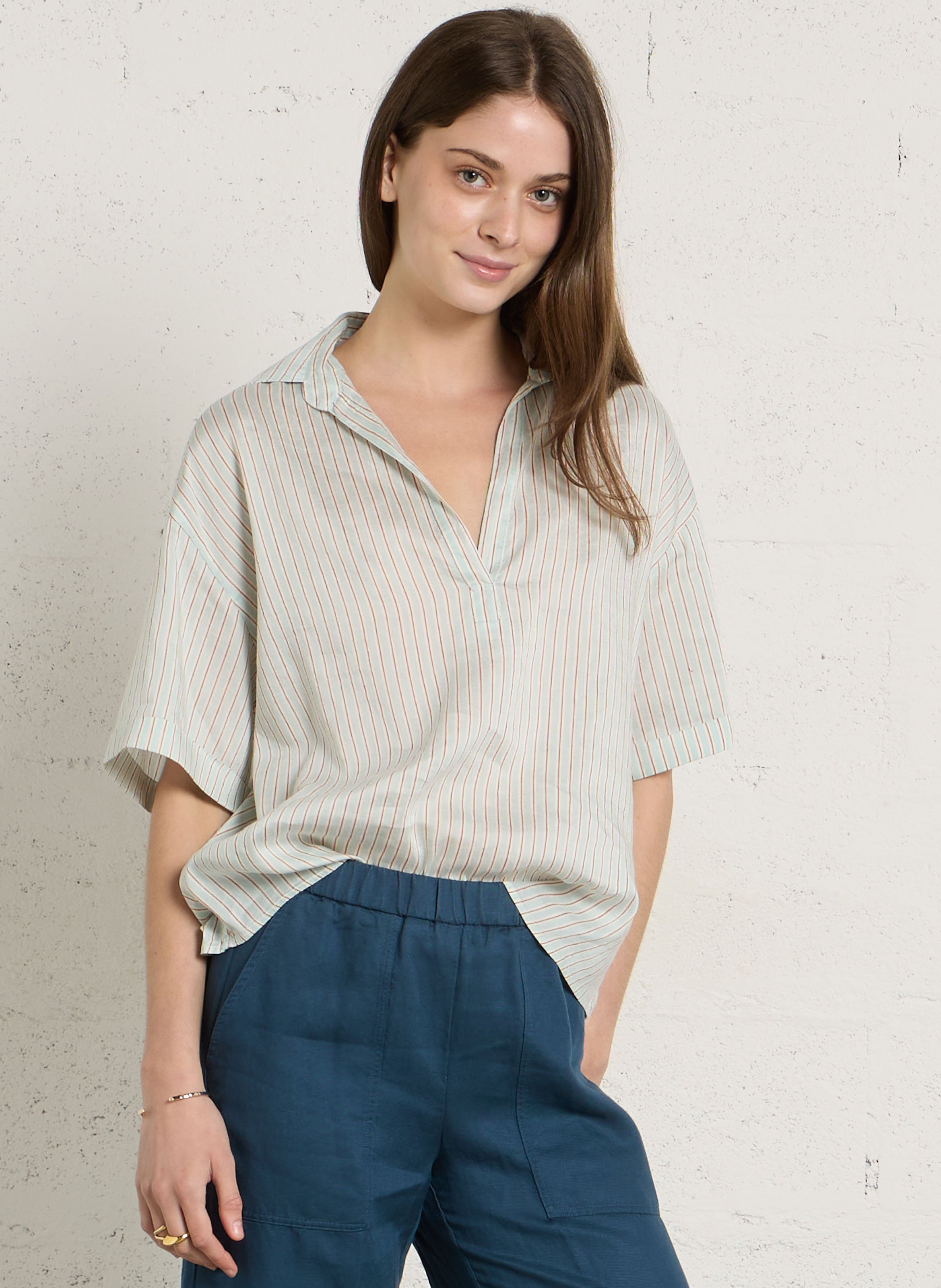 Blouse col classique en lin mélangé DIEGA Multicolore