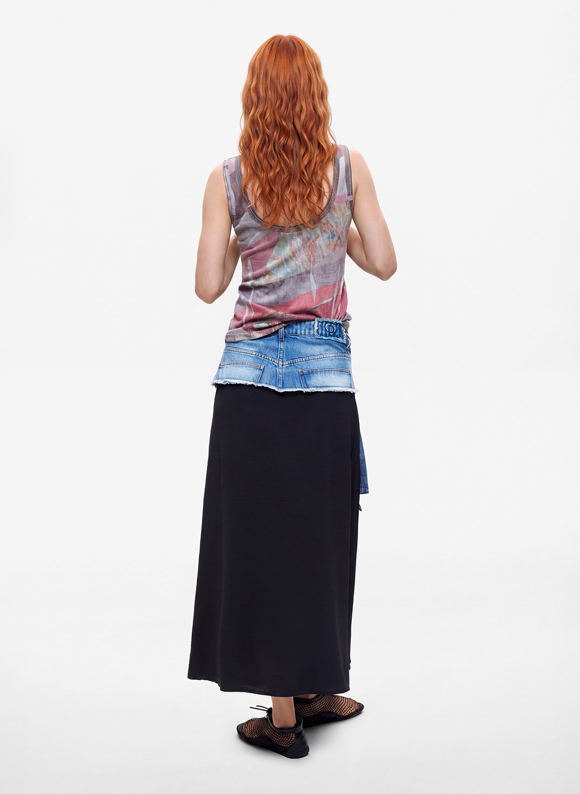 Lange uitlopende rok van twee materialen DESIGUAL Blauw