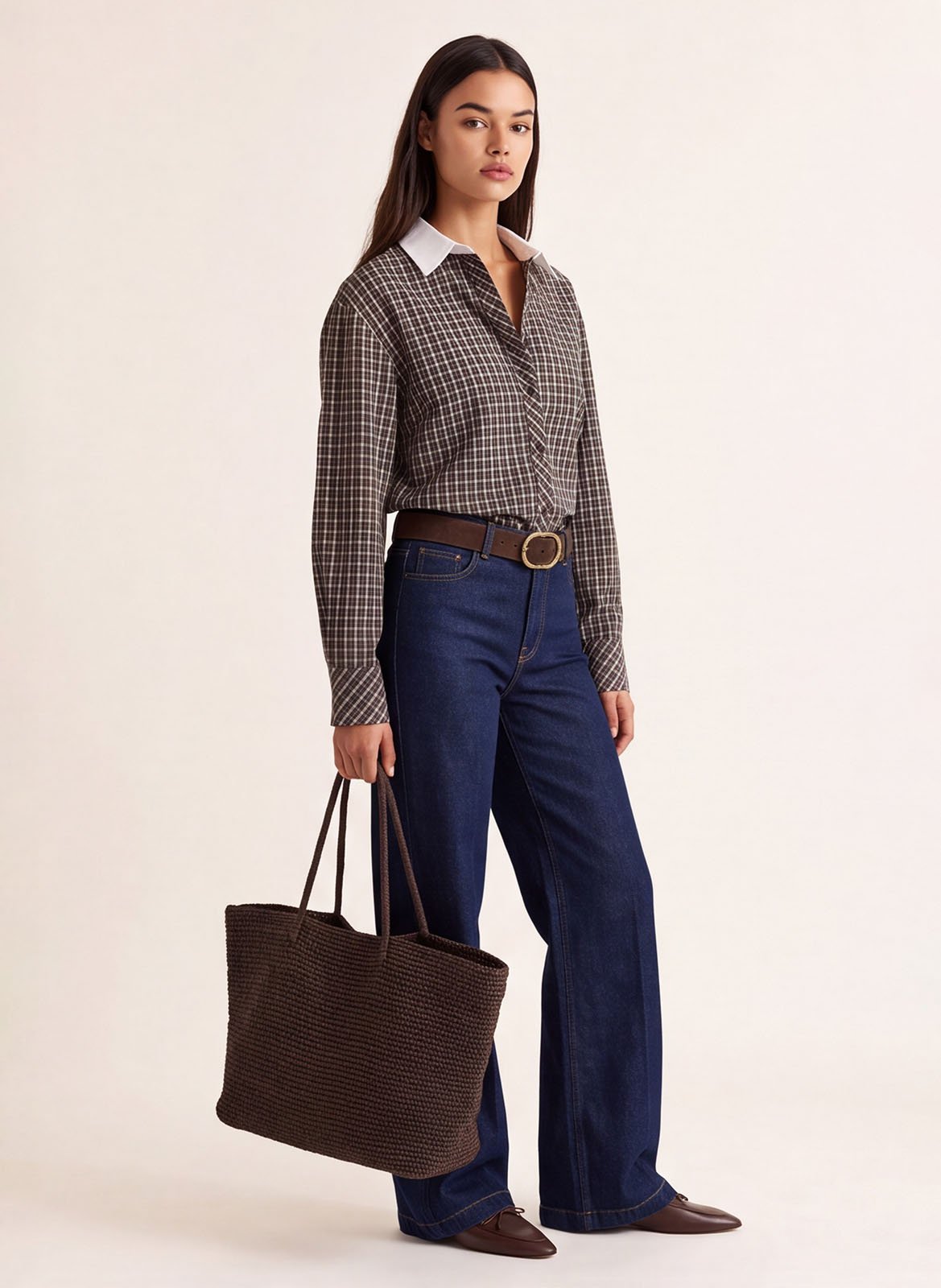 Chemise droite courte col classique à carreaux en coton KOOKAI Marron