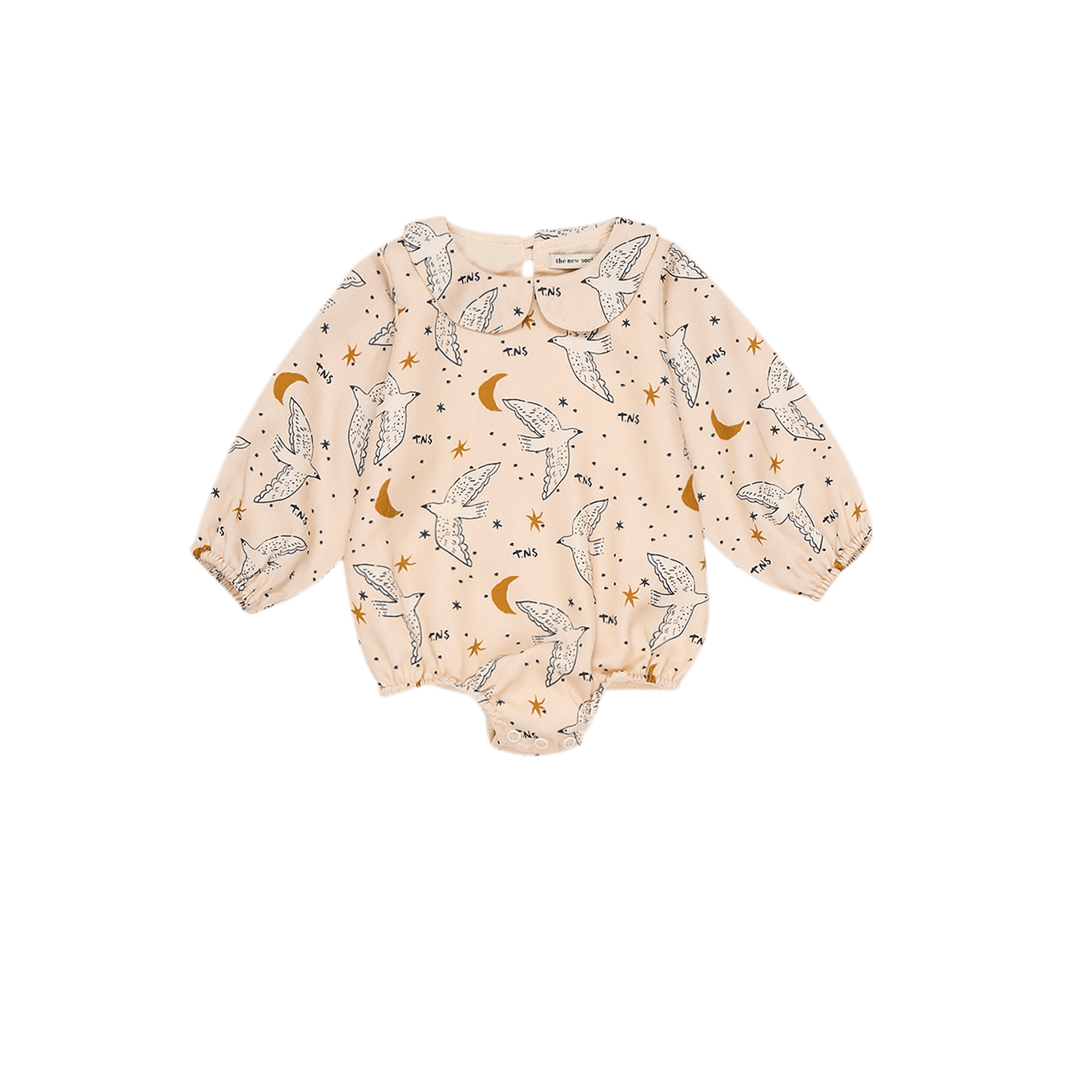 Speelpakje met peterpankraagje en print THE NEW SOCIETY Beige