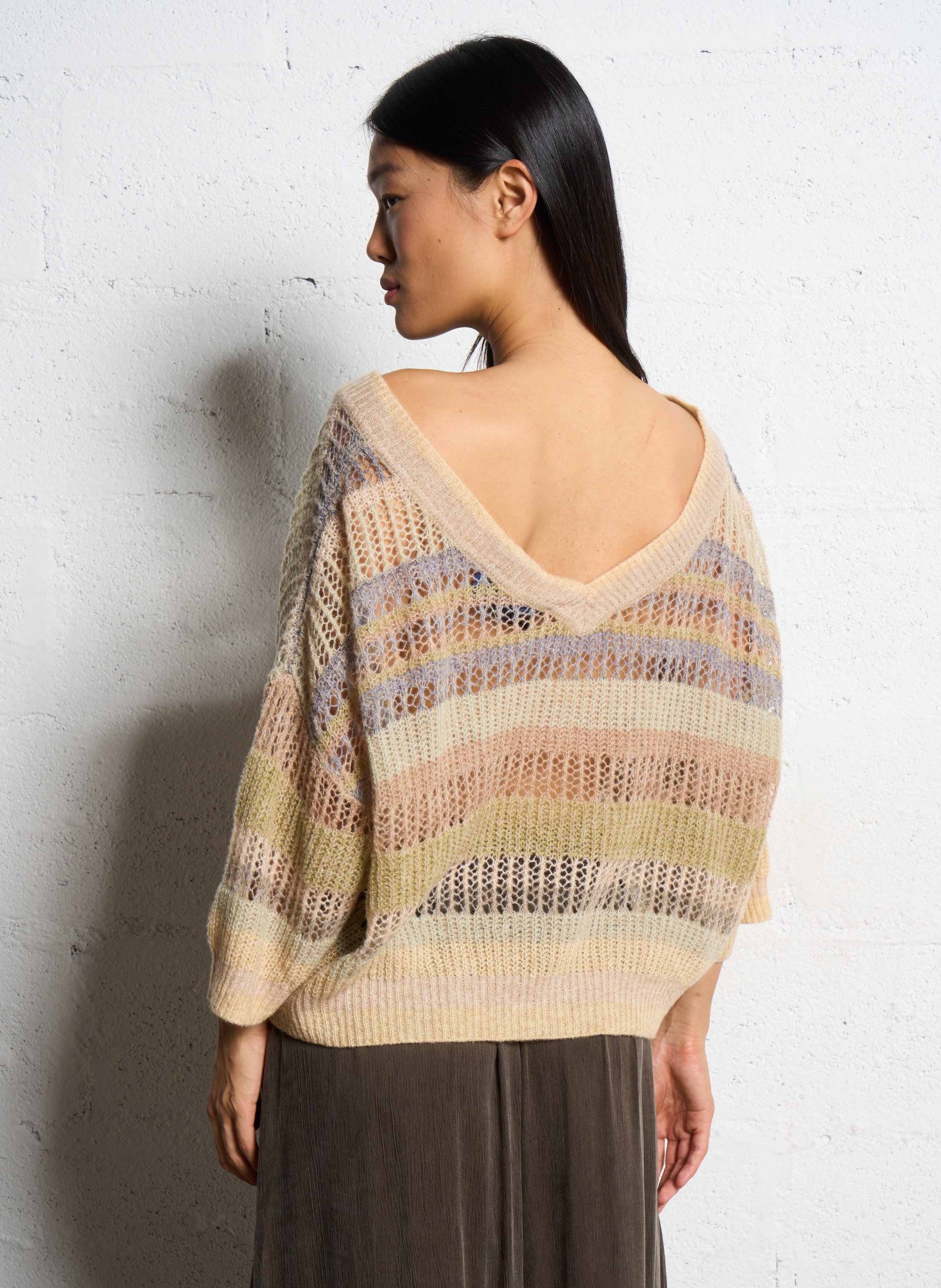 Pull rayé ample en maille ajourée MES DEMOISELLES Beige