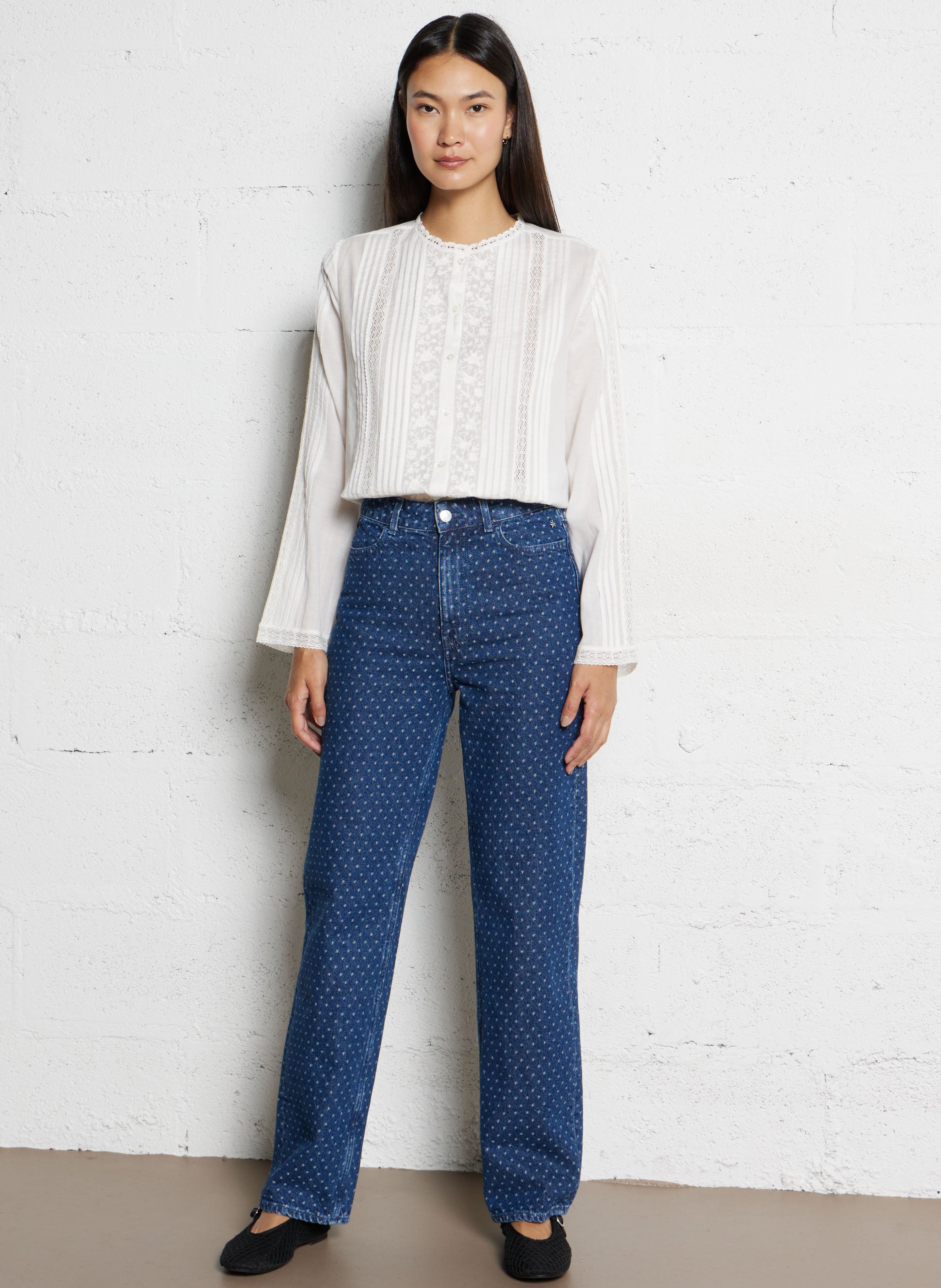 Straight blouse in embroidered mixed cotton DES PETITS HAUTS Beige