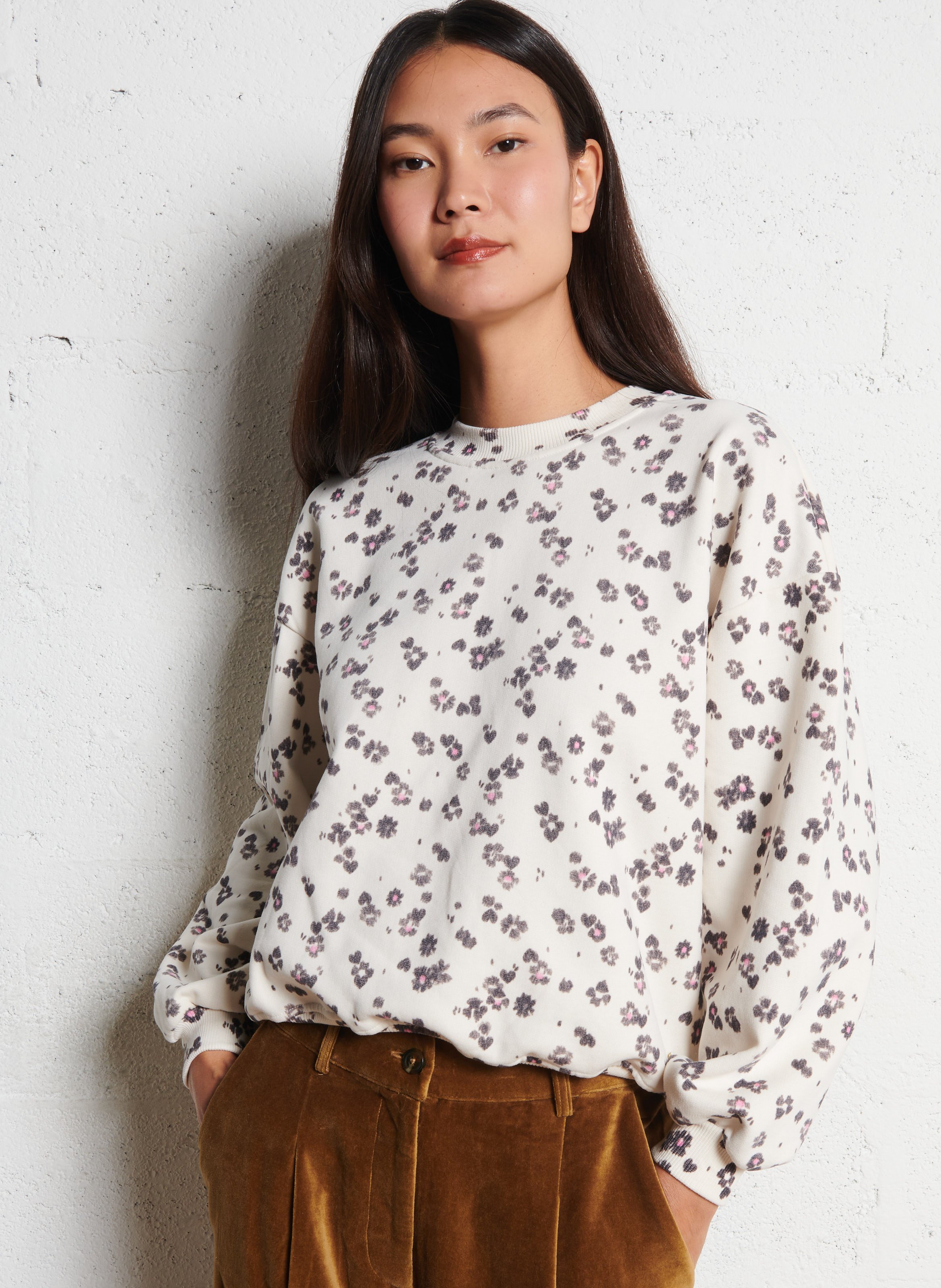Oversized round neck floral print cotton sweatshirt DES PETITS HAUTS White