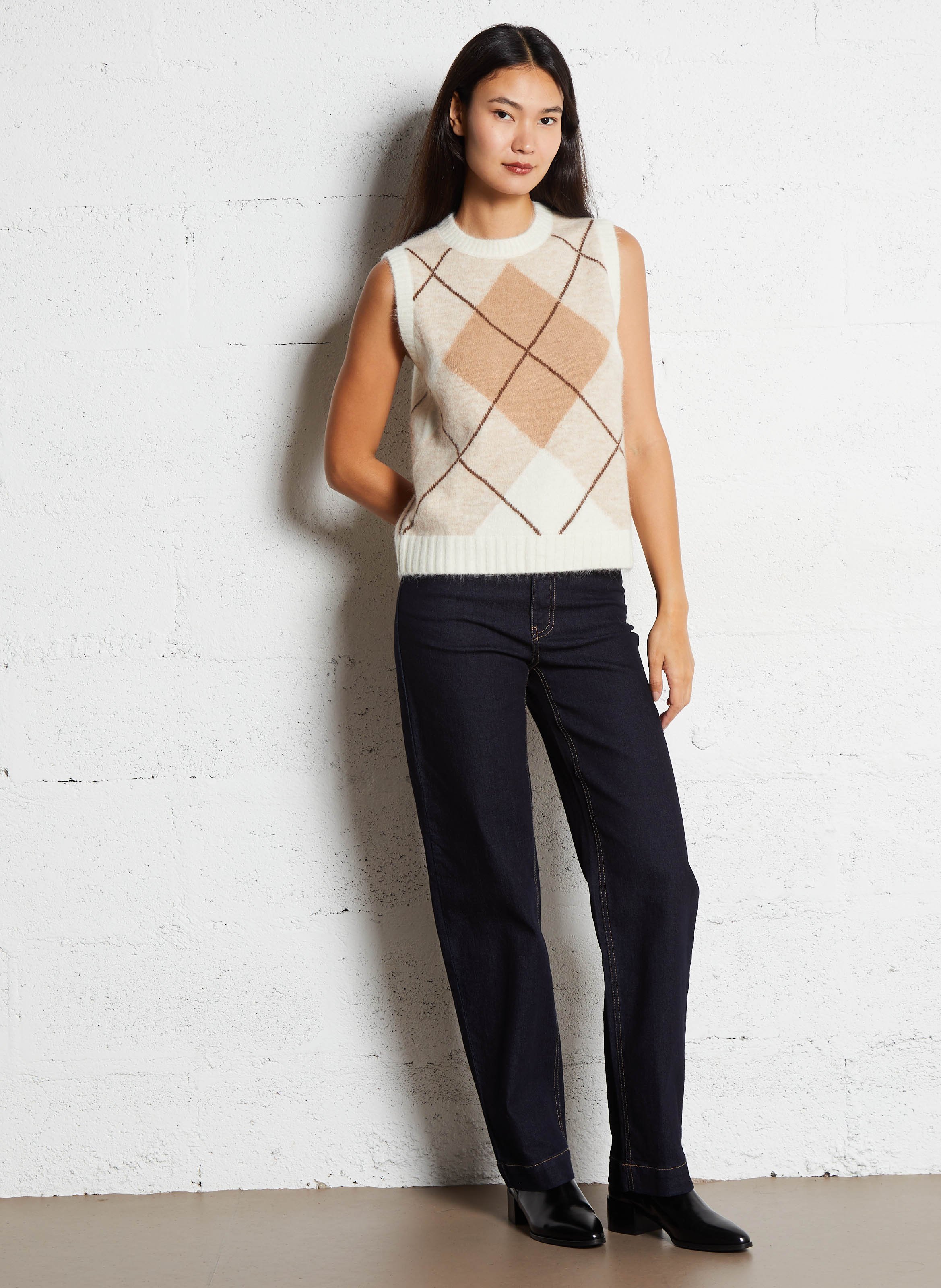 Pull droit sans manches jacquard en alpaga mélangé SUD EXPRESS Beige