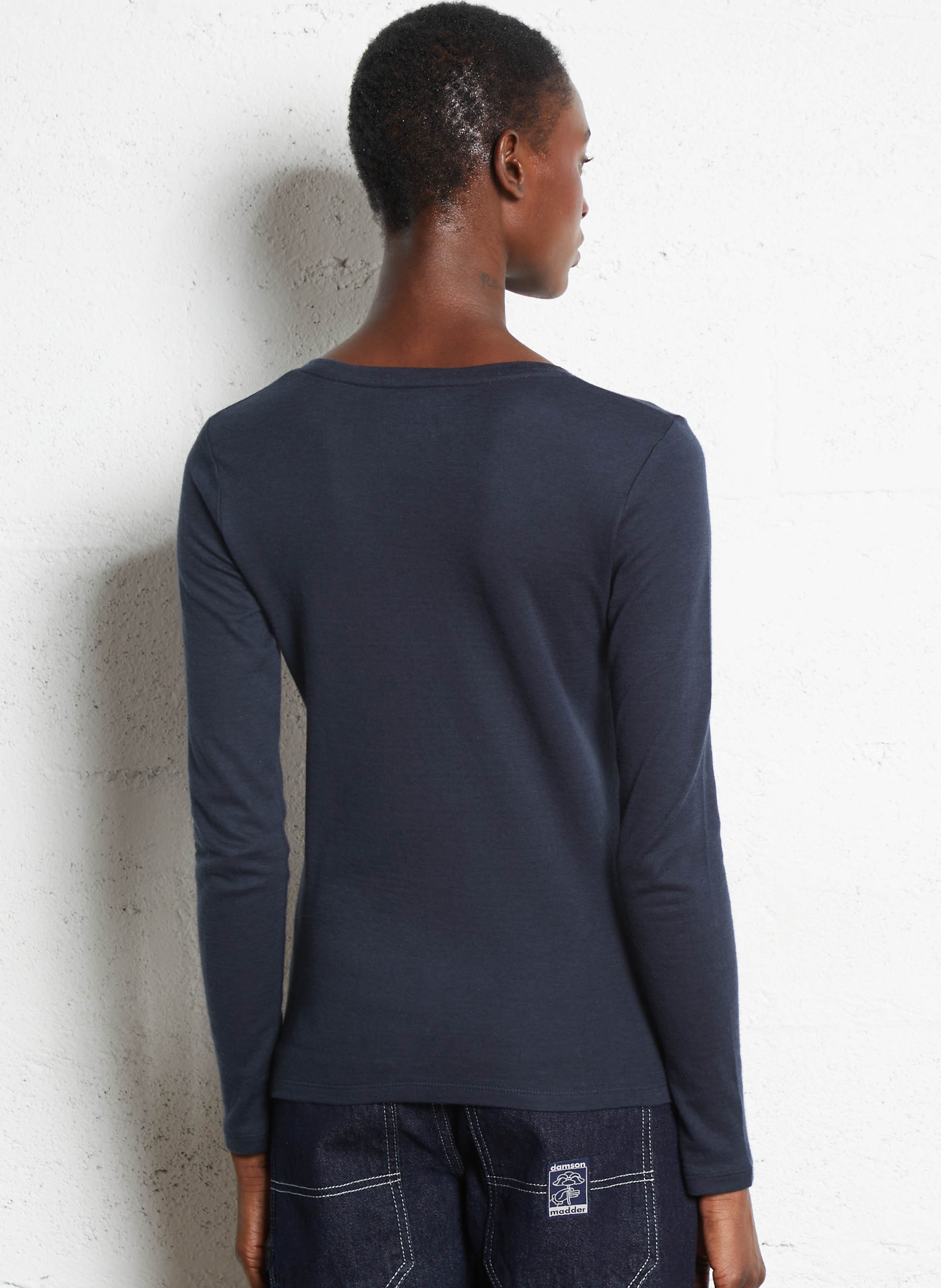 Tee-shirt cintré col rond en coton bio et cachemire MAJESTIC FILATURES Bleu