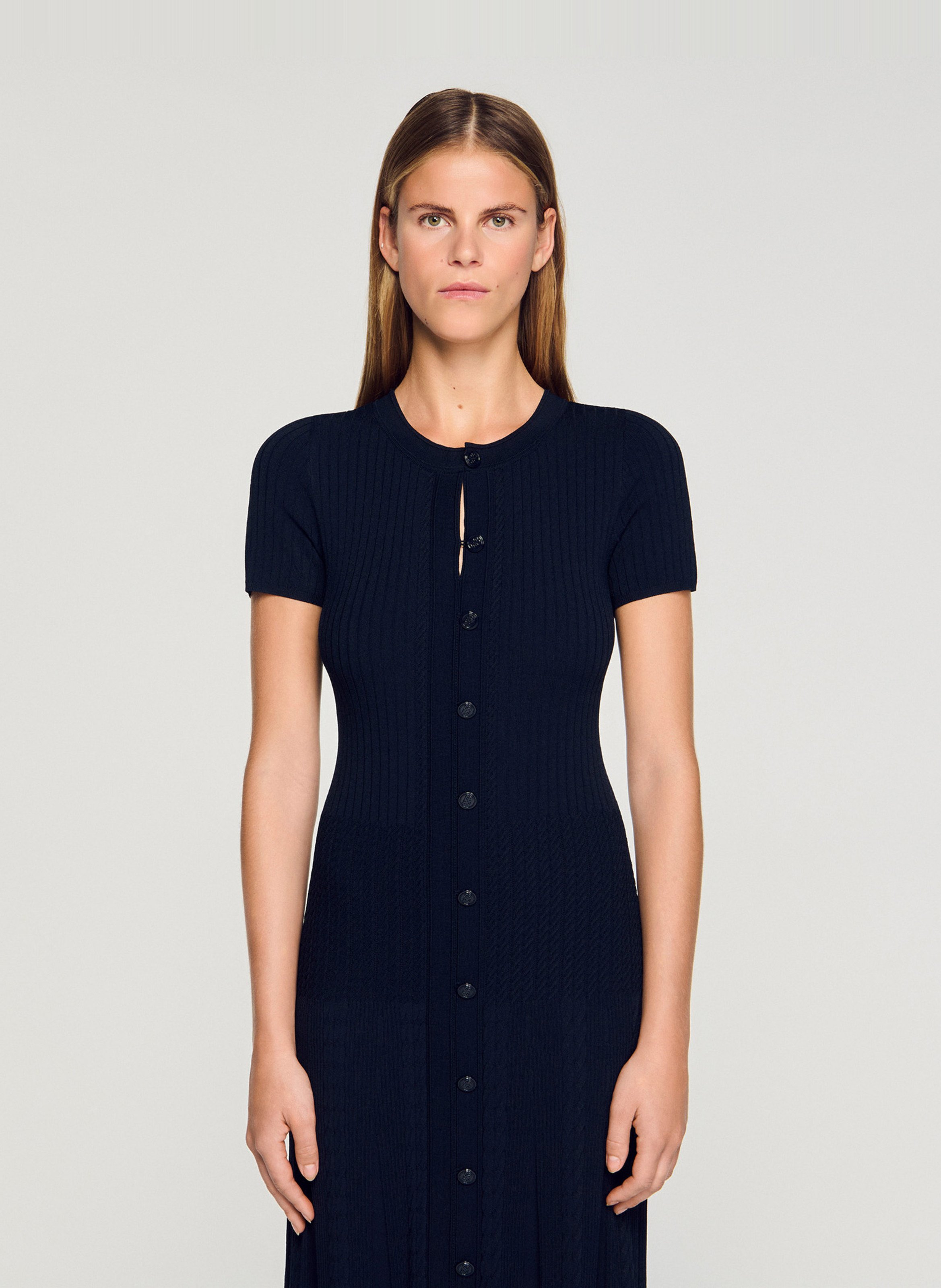 Long round-neck knit dress SANDRO Blue