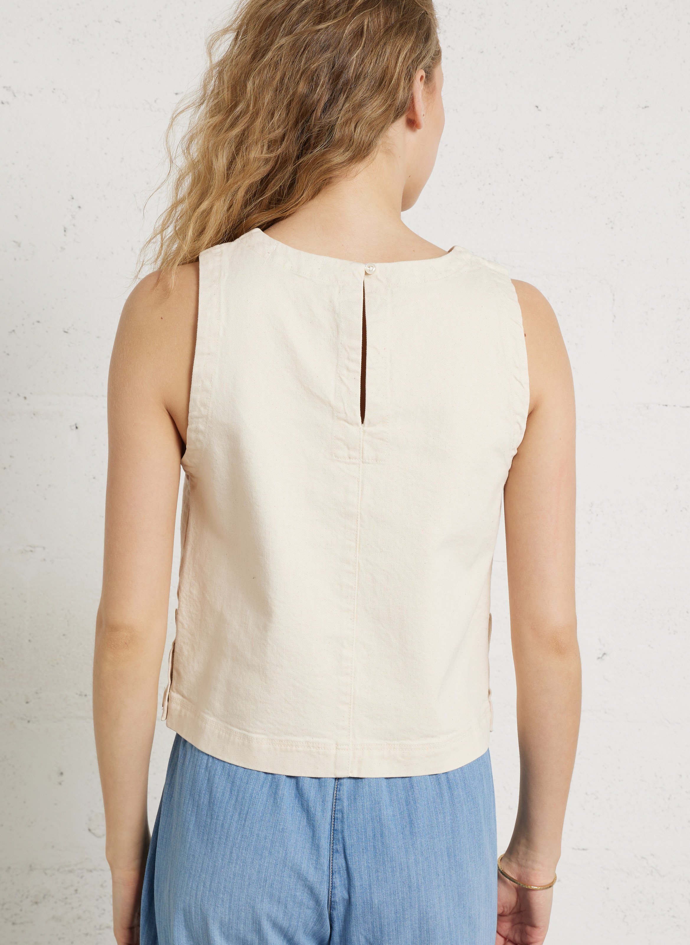 Top sans manches denim uni DES PETITS HAUTS Beige