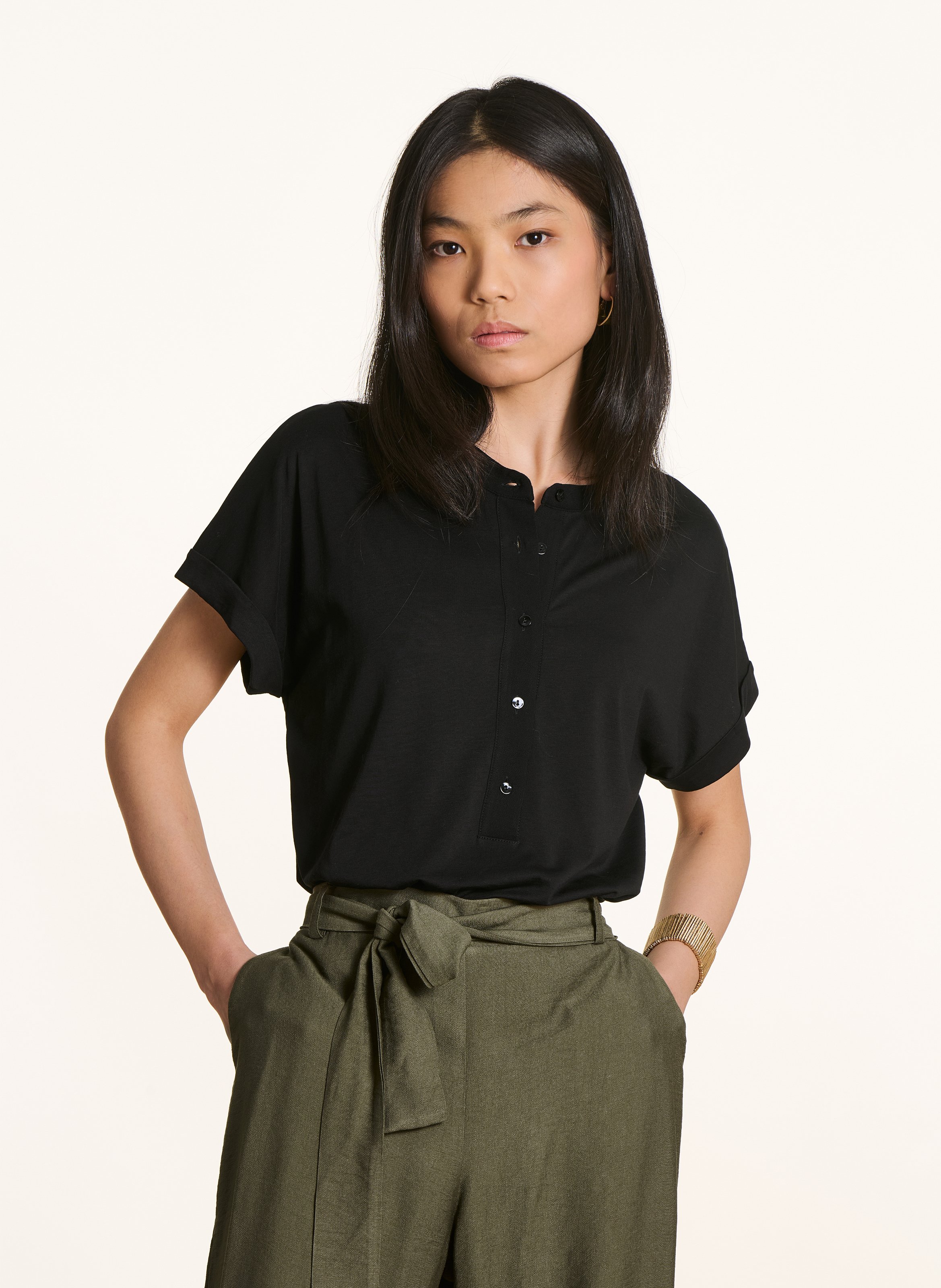 Top manches courtes boutonné uni LA FEE MARABOUTEE Noir