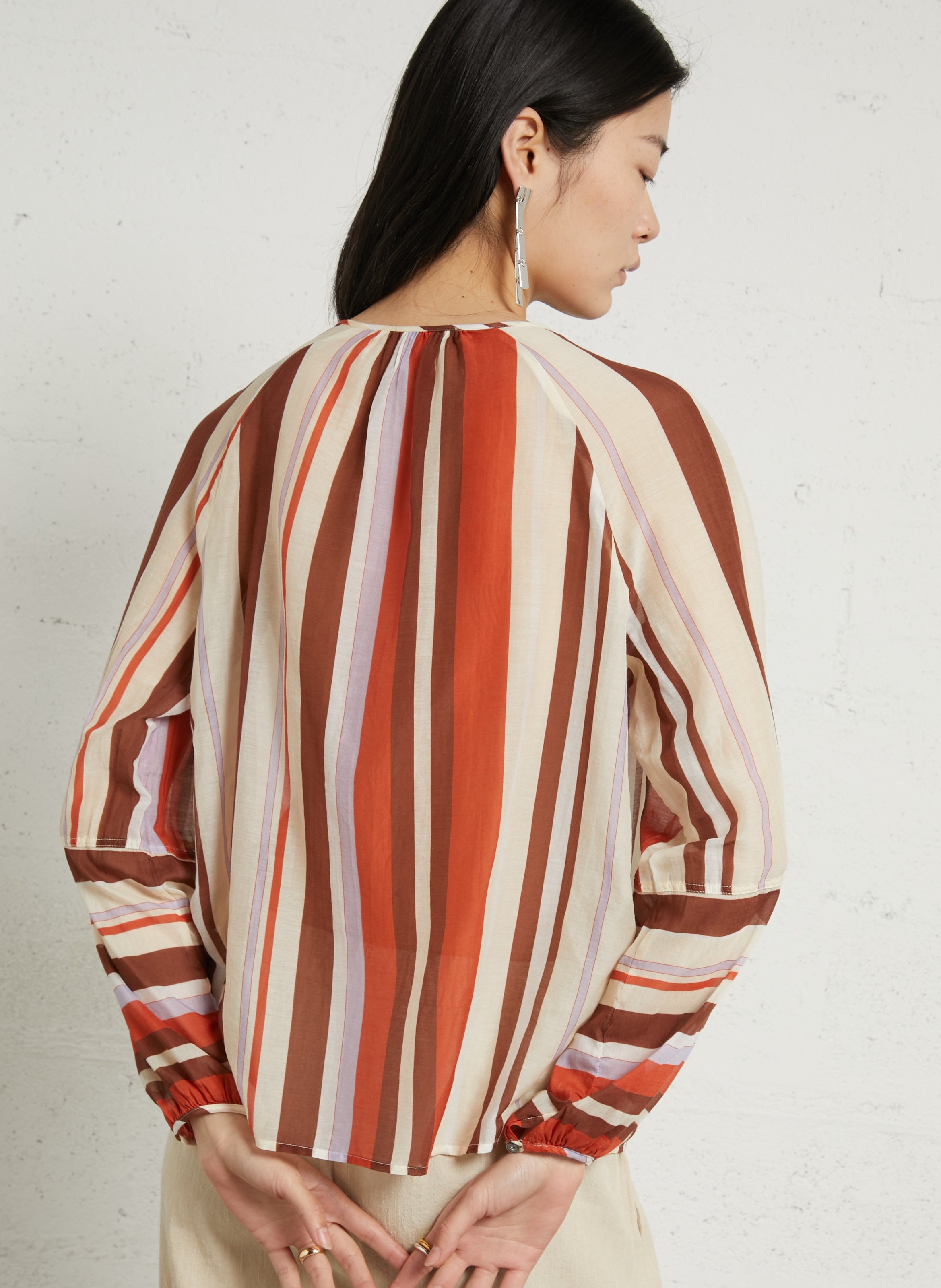 Oversize Rundhalsbluse aus Baumwolle und Seide gestreift POMANDERE Orange