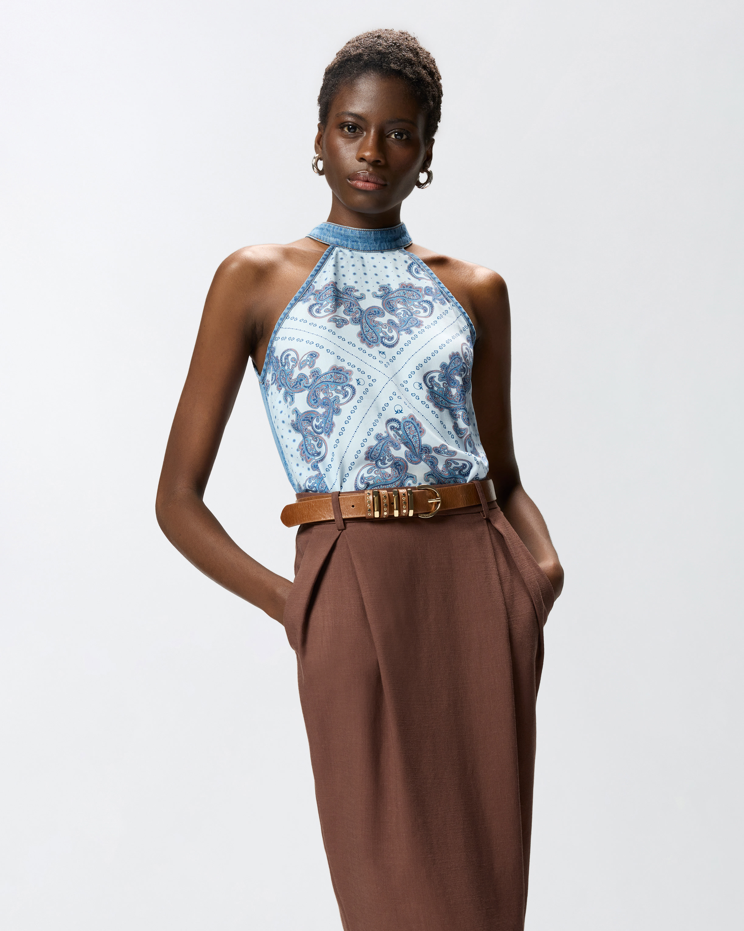 Top en denim à imprimé foulard PINKO Multicolore