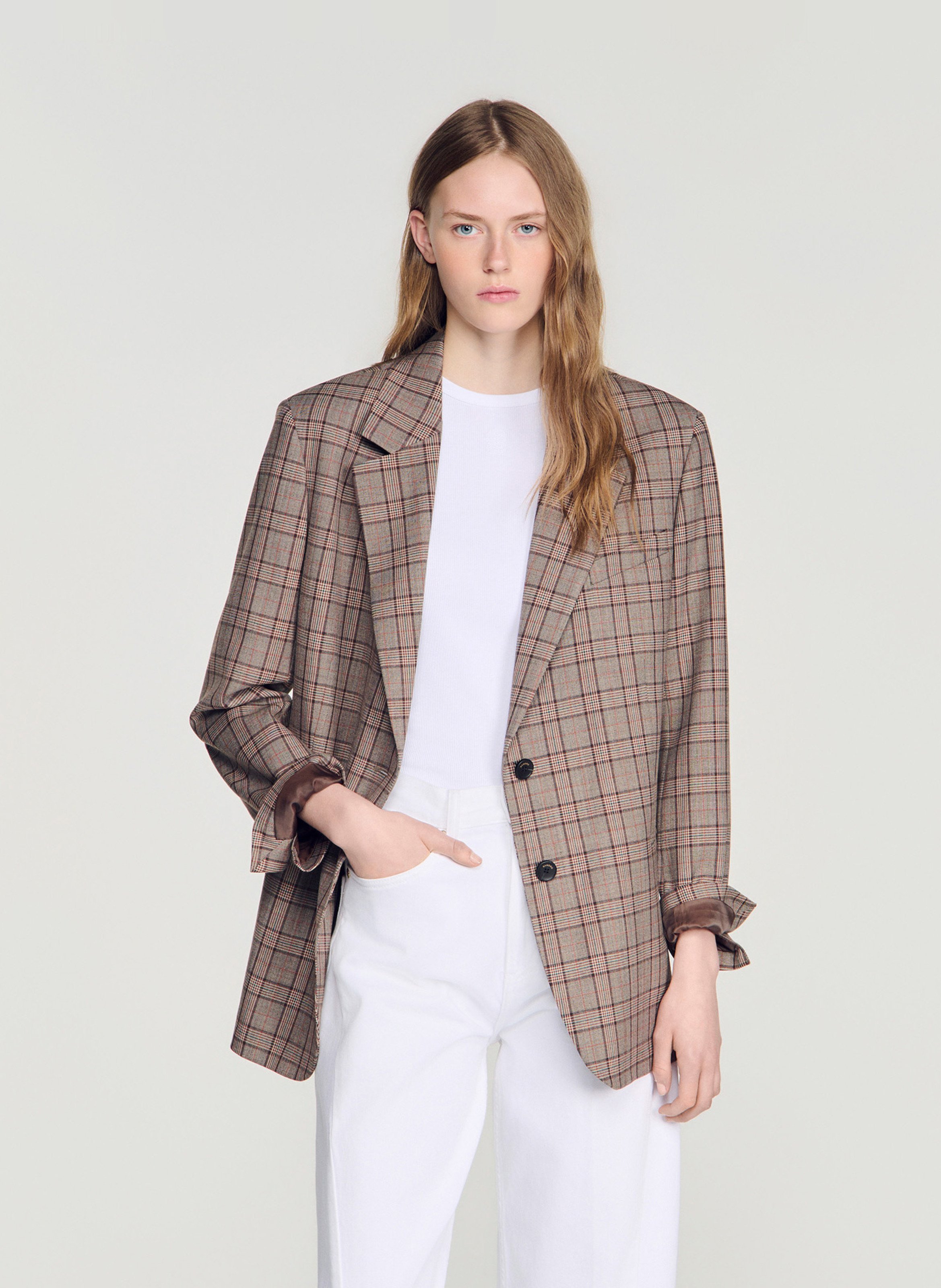 Veste de tailleur oversize à carreaux SANDRO Marron