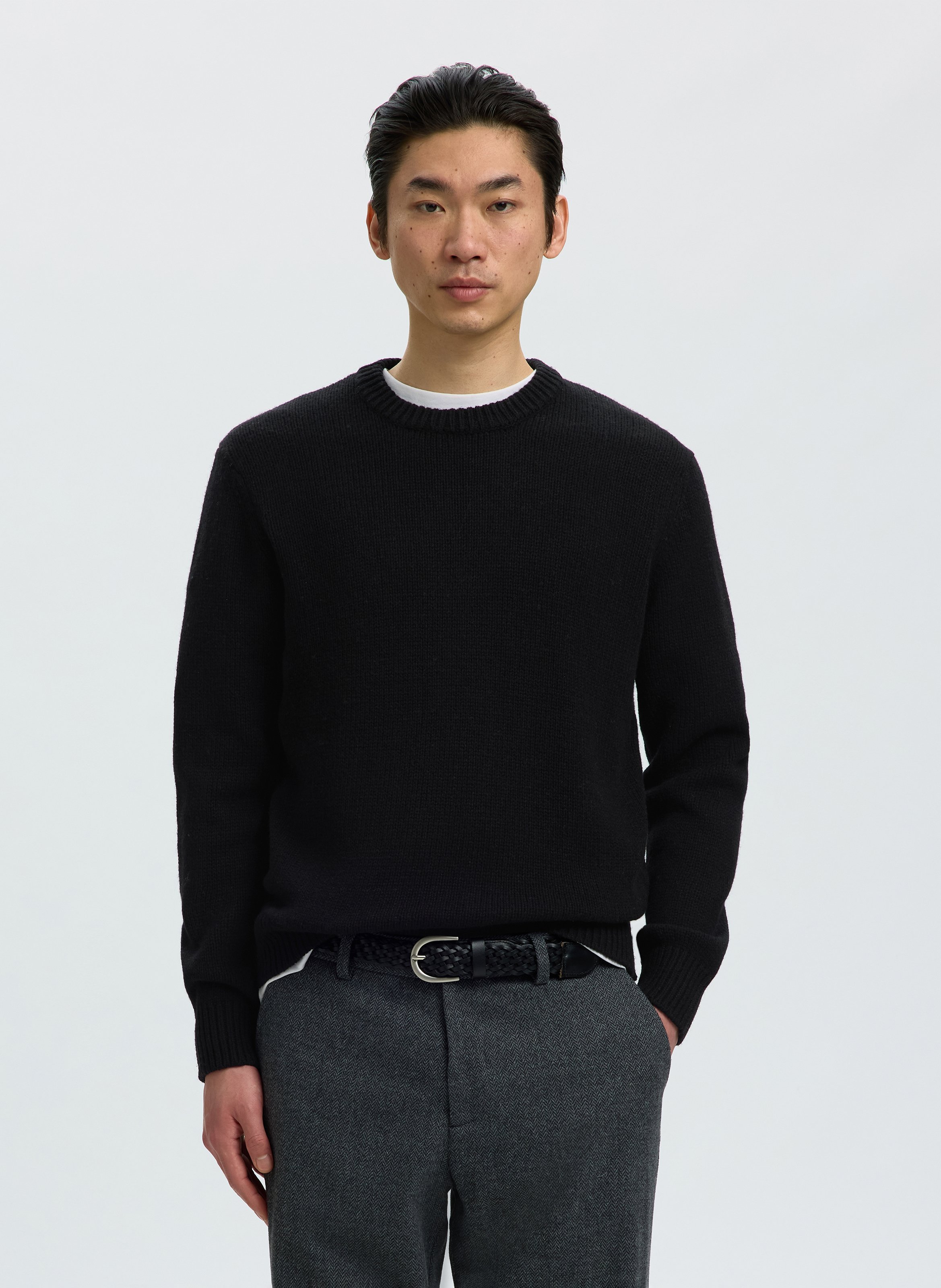 Straight-fit trui van wolmix met ronde hals SELECTED Zwart