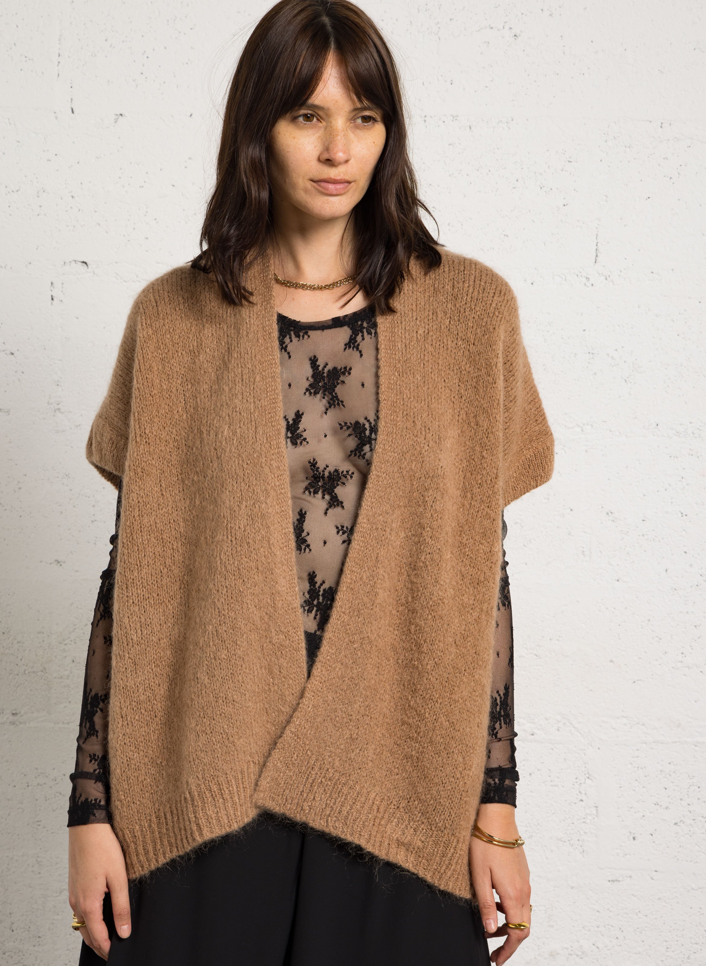 Sleeveless wool-blend cardigan PLEASE Brown