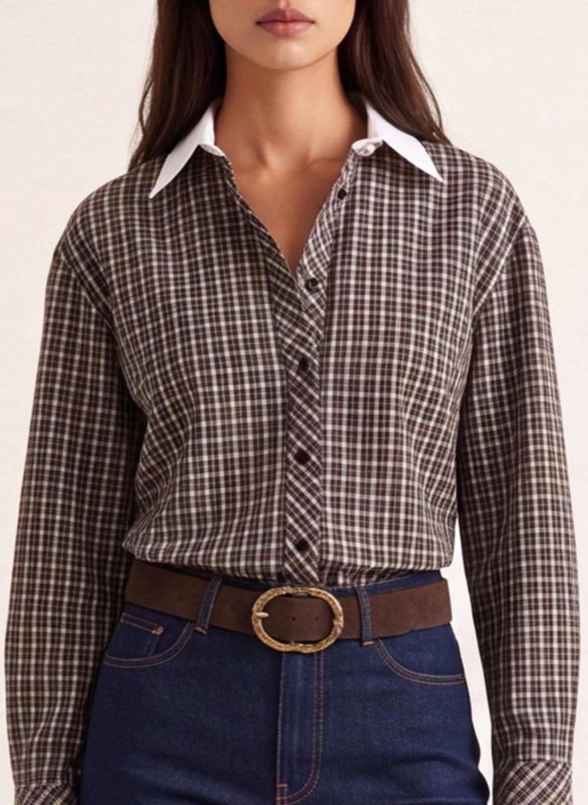 Chemise droite courte col classique à carreaux en coton KOOKAI Marron