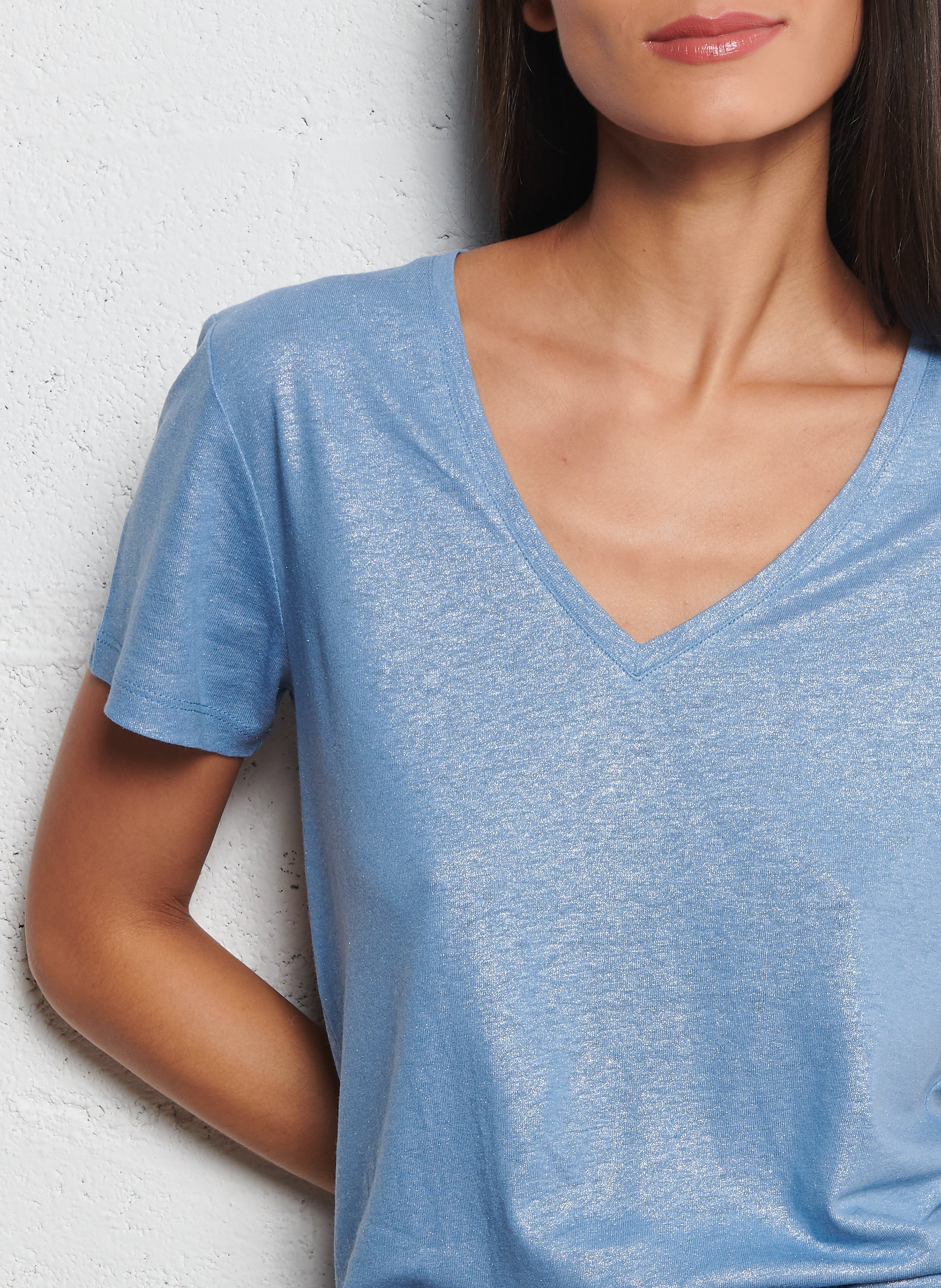 Tee-shirt col V irisé en lin mélangé IKKS Bleu