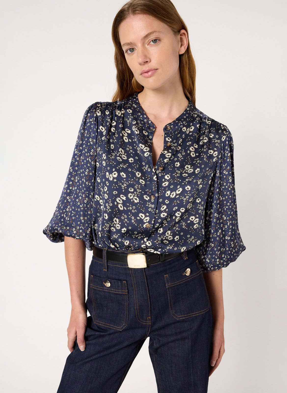 Mandarin collar blouse with floral print GERARD DAREL Brown