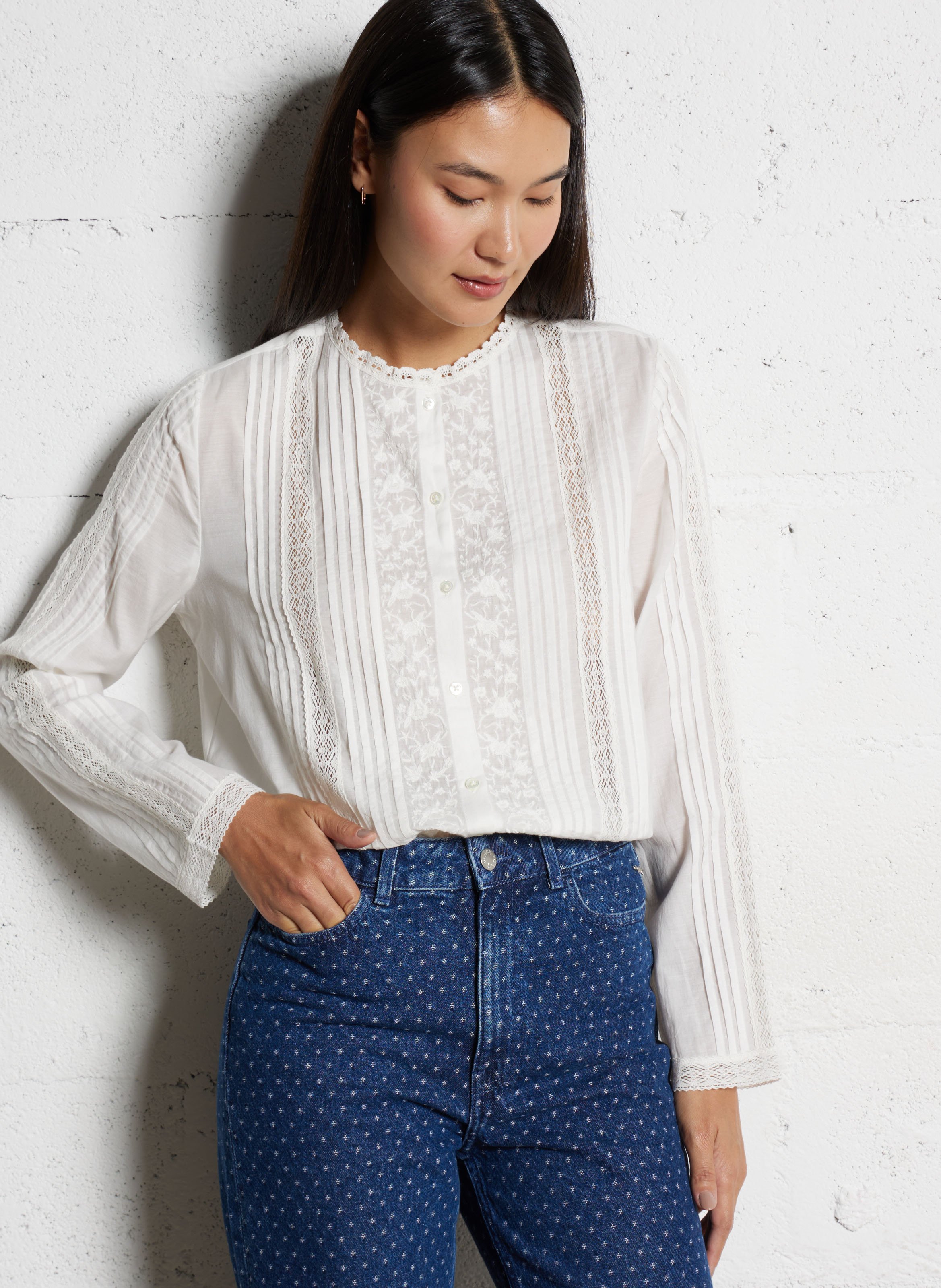 Straight blouse in embroidered mixed cotton DES PETITS HAUTS Beige