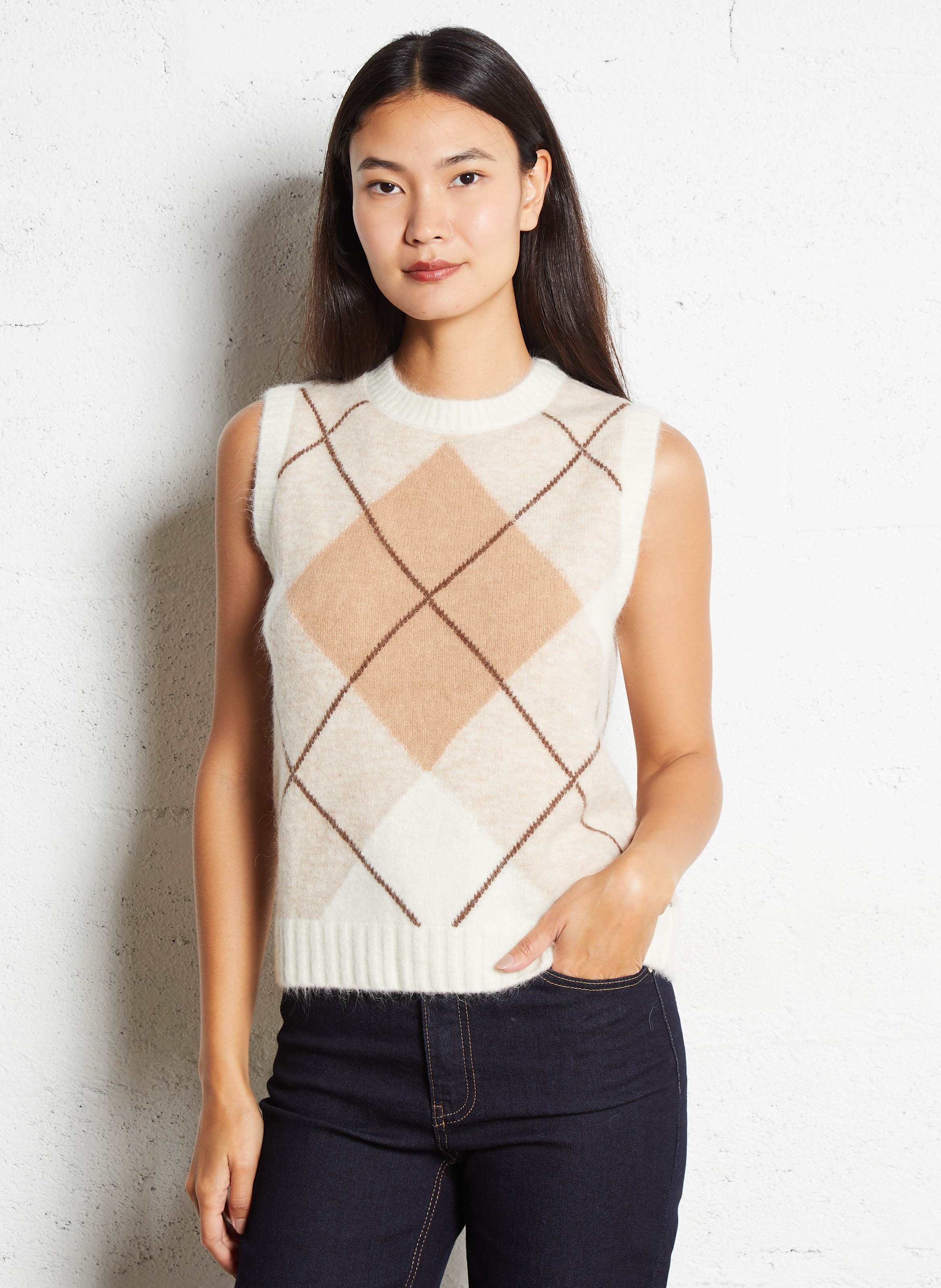 Pull droit sans manches jacquard en alpaga mélangé SUD EXPRESS Beige