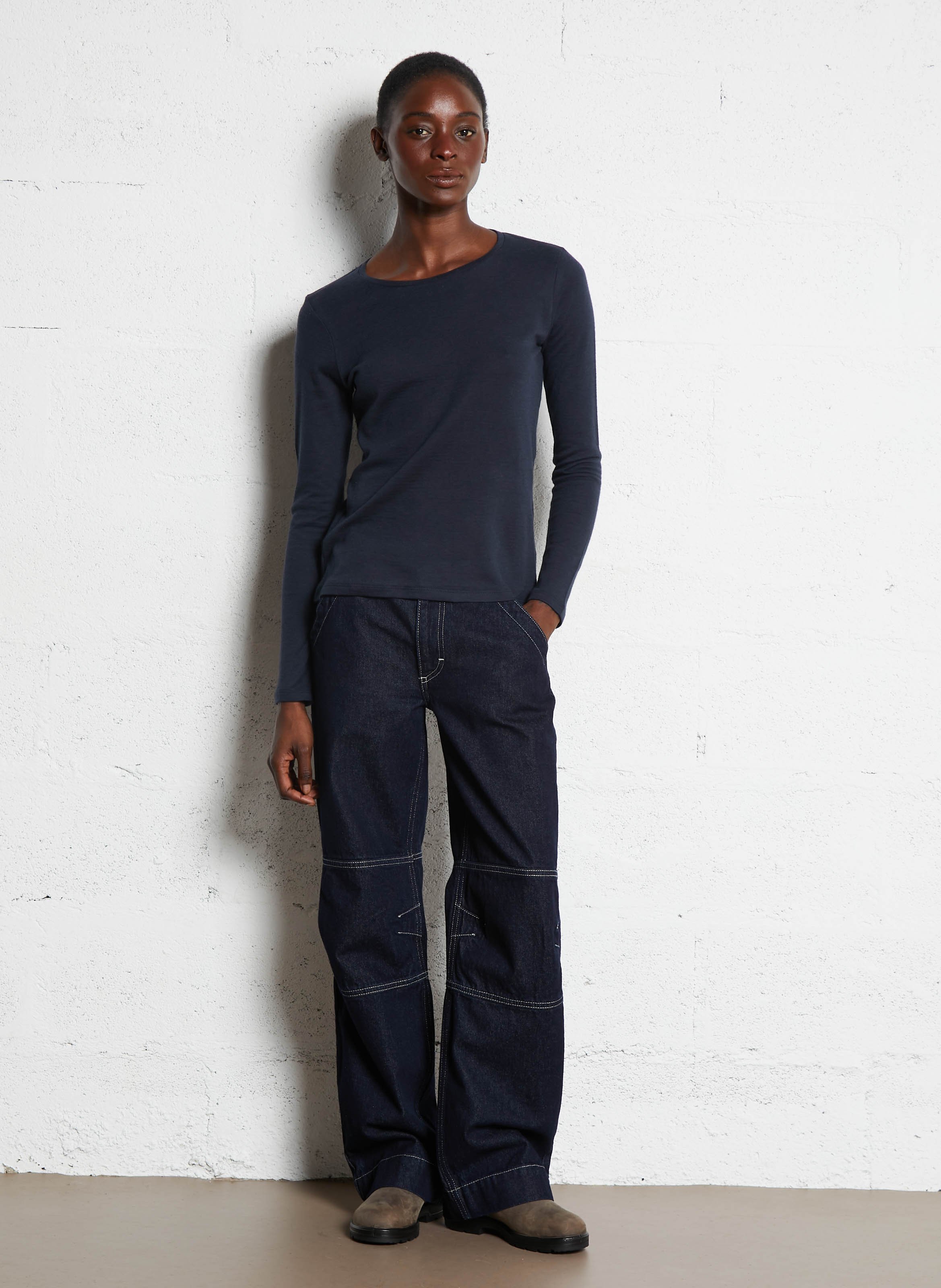 Tee-shirt cintré col rond en coton bio et cachemire MAJESTIC FILATURES Bleu