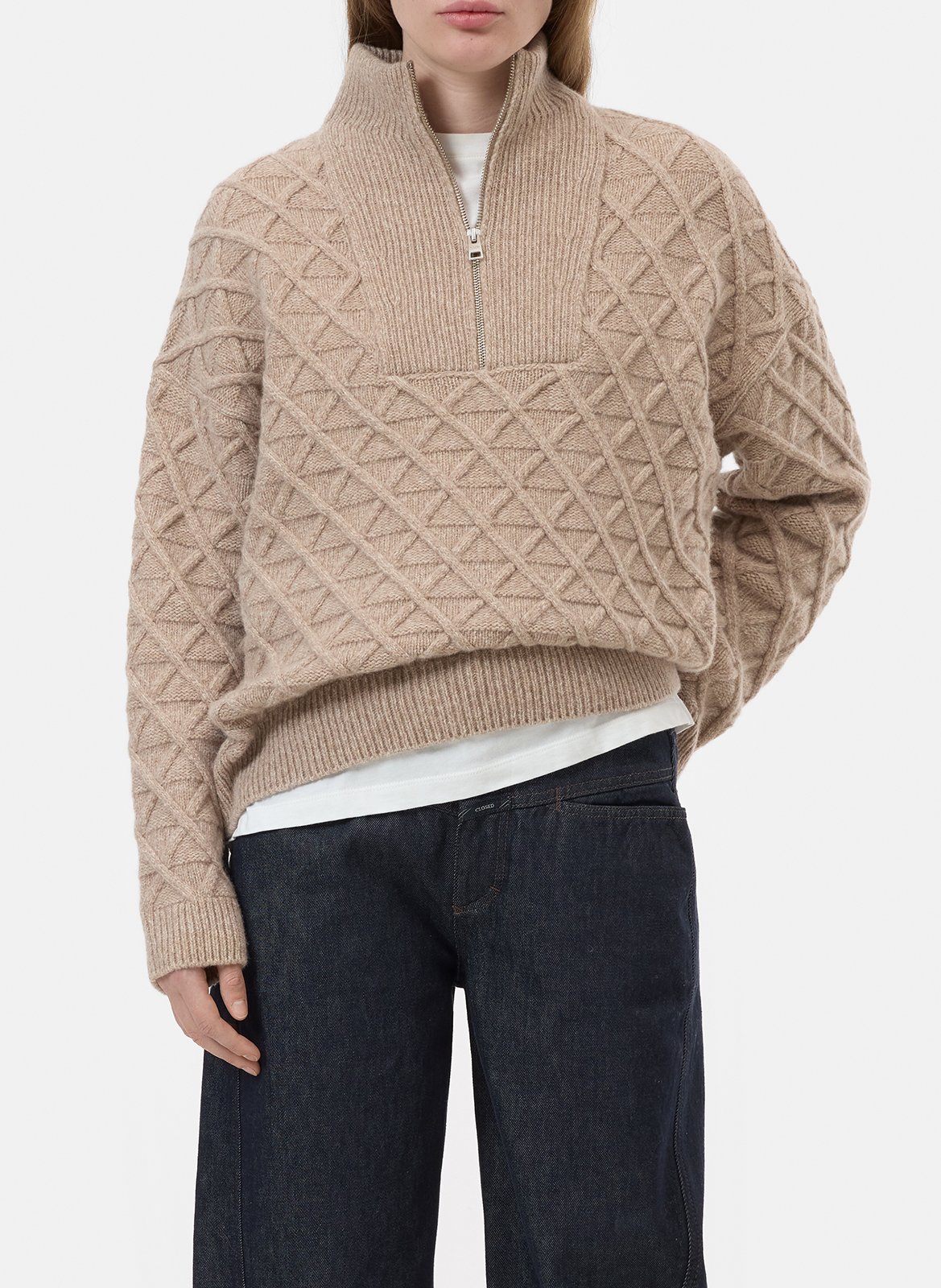 Pull ample à col zippé en laine CLOSED Beige