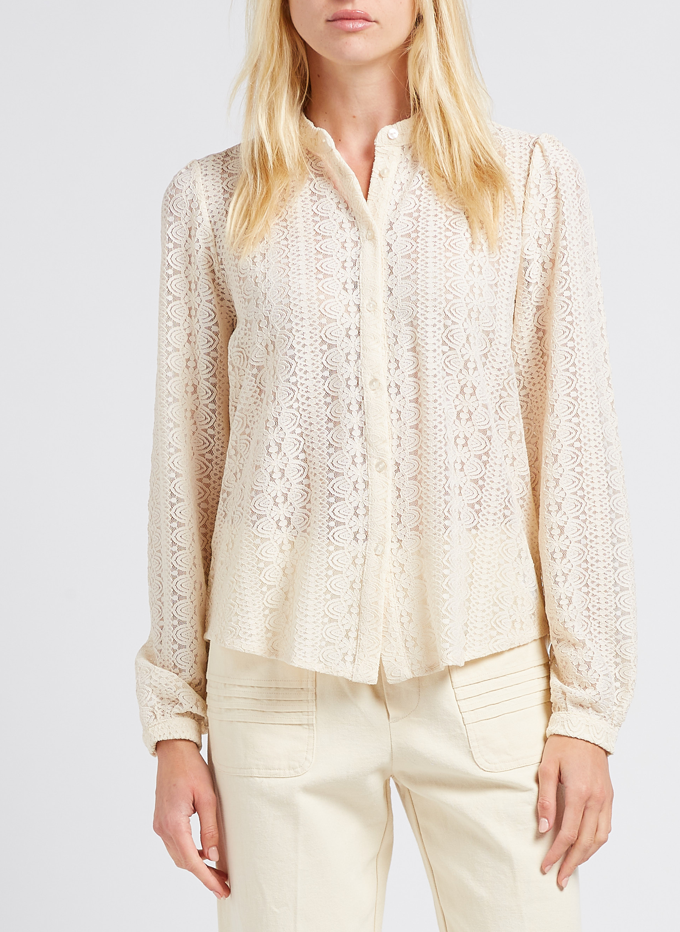 Embroidered blouse with mandarin collar VILA Beige