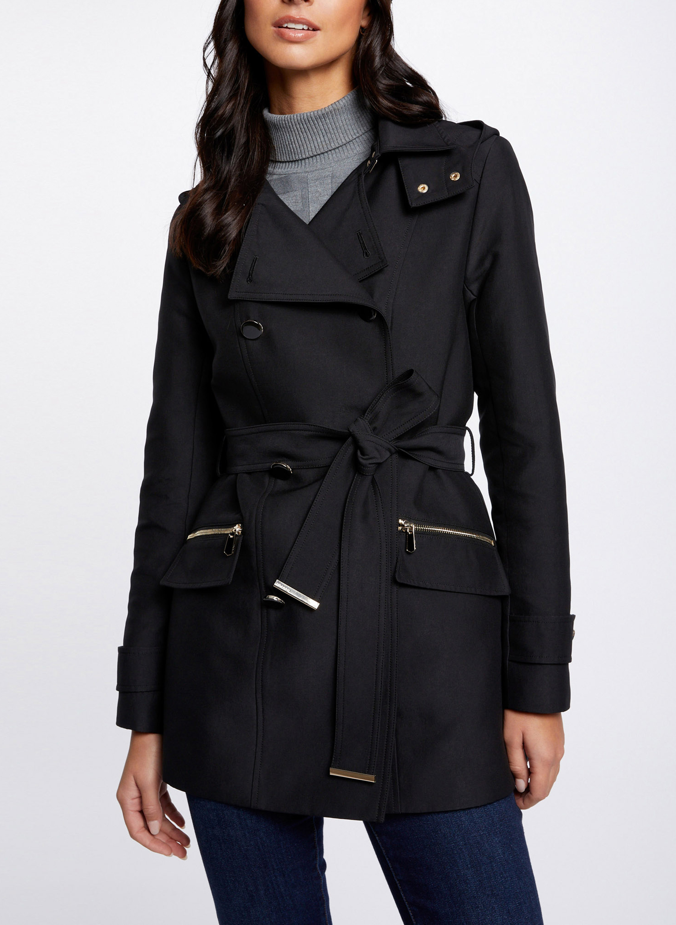 Getailleerde trenchcoat met reverskraag en capuchon MORGAN Zwart