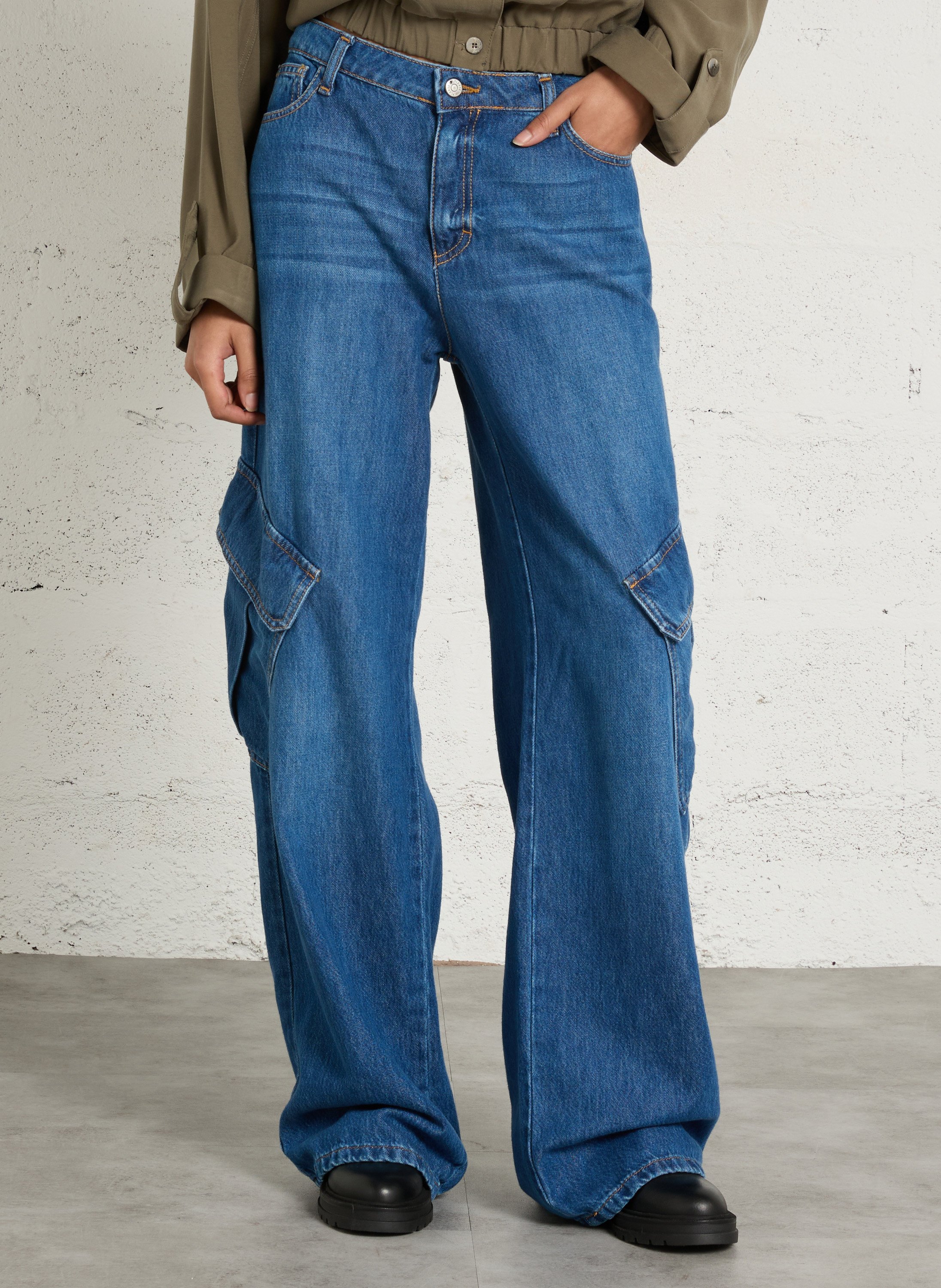 Straight cargo jeans in blended cotton PLEASE Blue