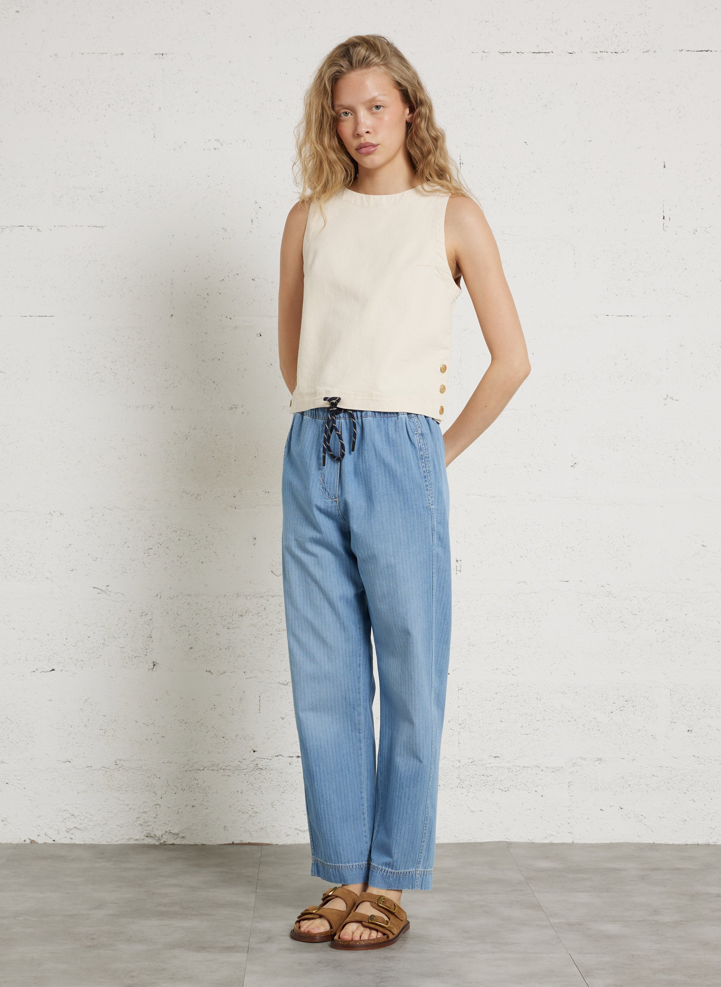 Top sans manches denim uni DES PETITS HAUTS Beige