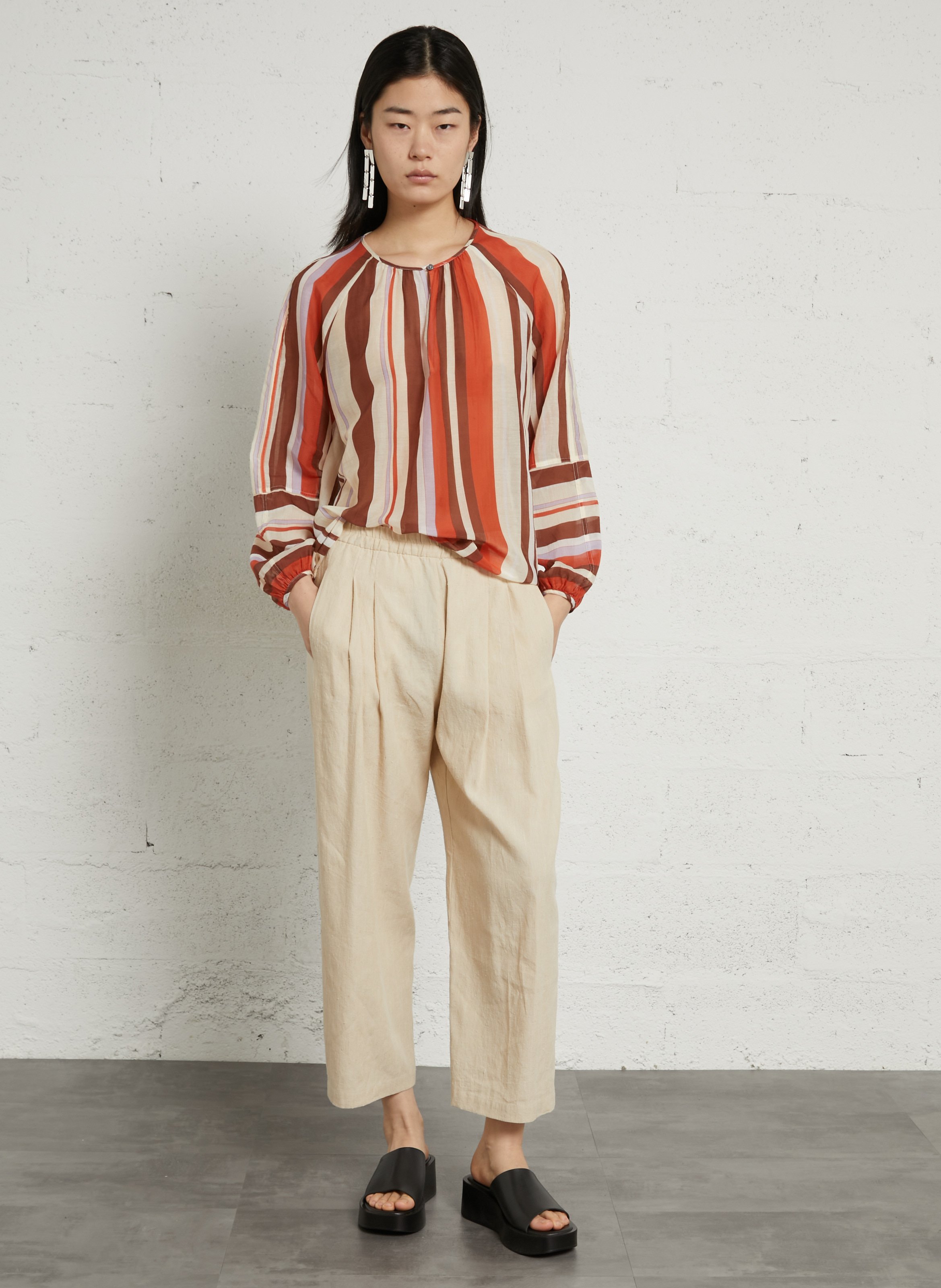Oversize Rundhalsbluse aus Baumwolle und Seide gestreift POMANDERE Orange