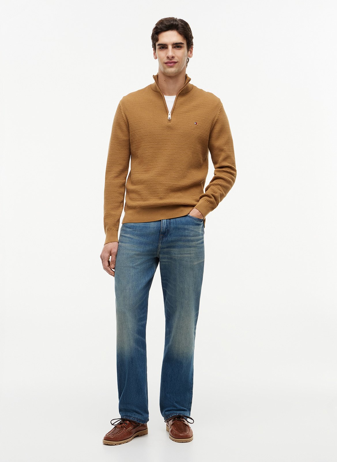 Sweat en maille col montant zippé Marron