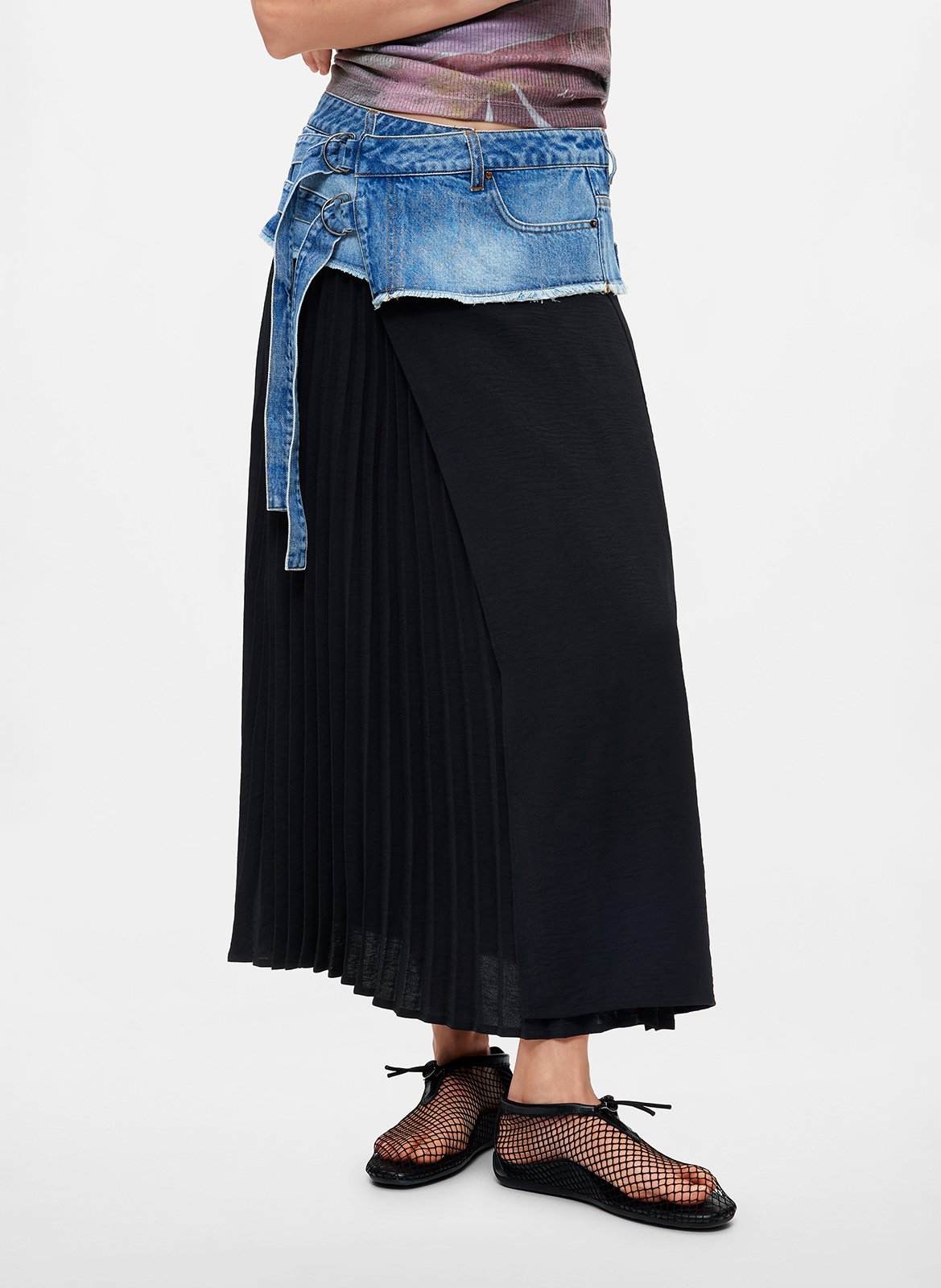 Lange uitlopende rok van twee materialen DESIGUAL Blauw