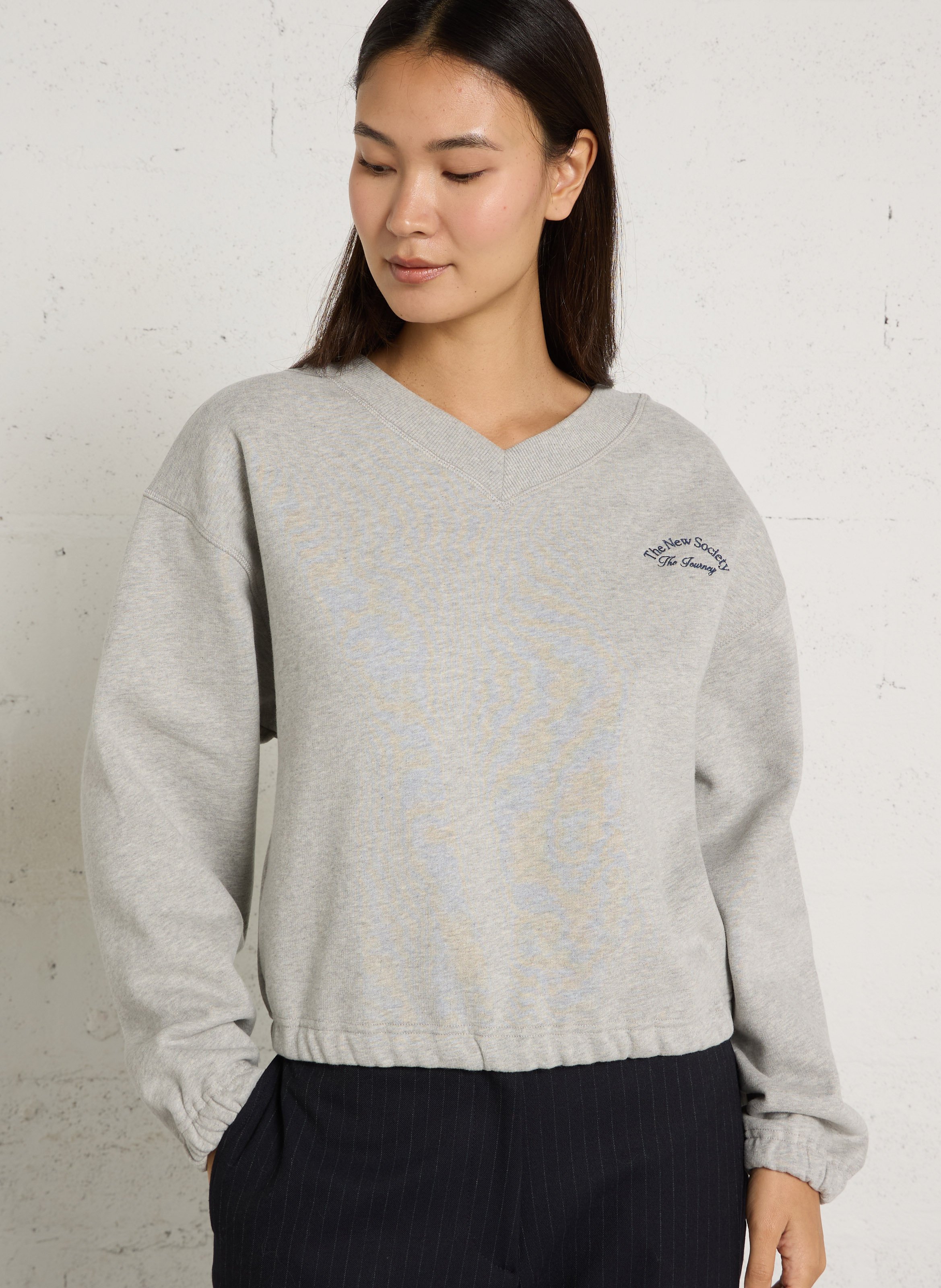 Oversized V-neck cotton fleece sweatshirt THE NEW SOCIETY Grey