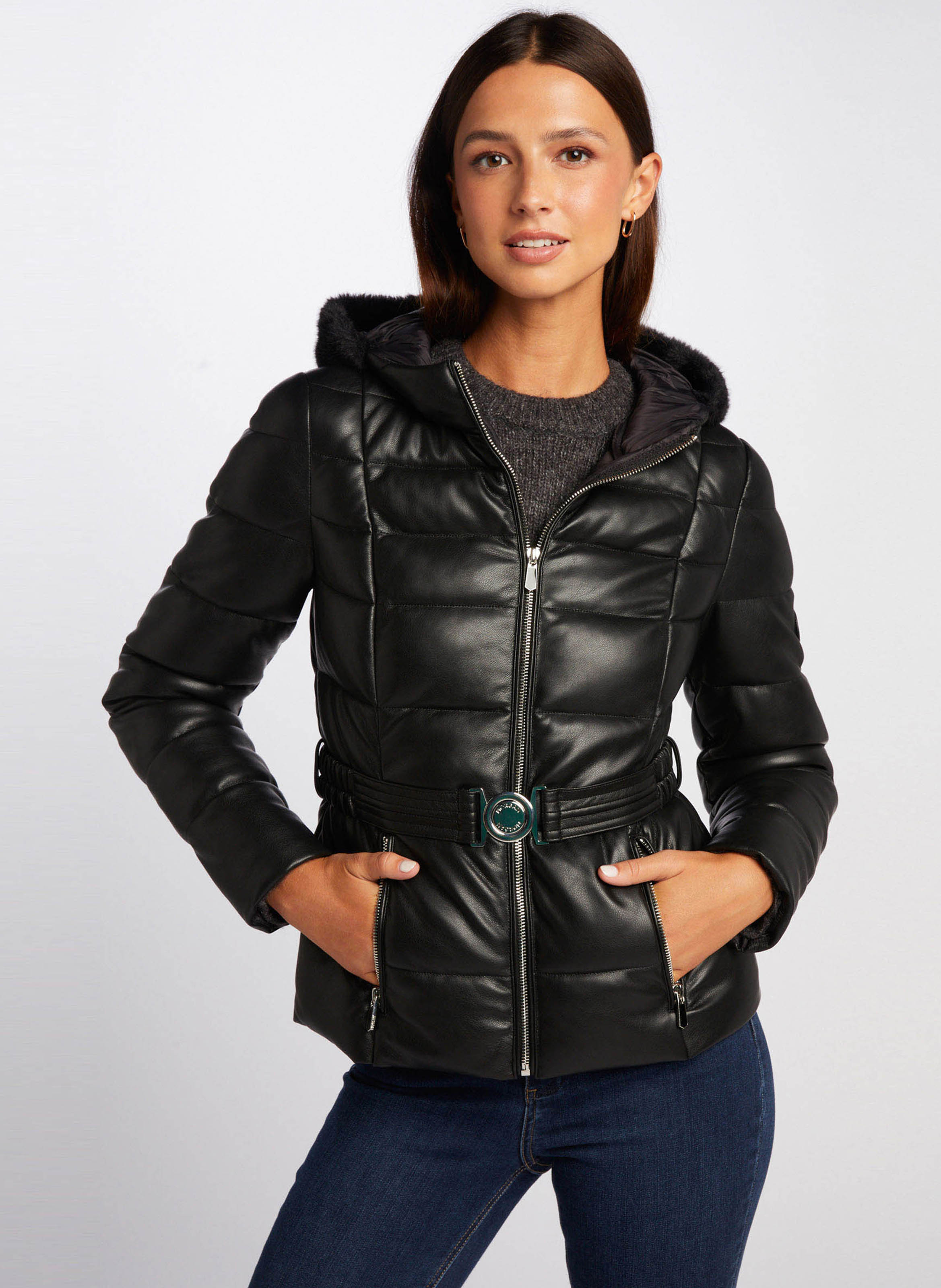 Fitted padded jacket store with faux fur hood