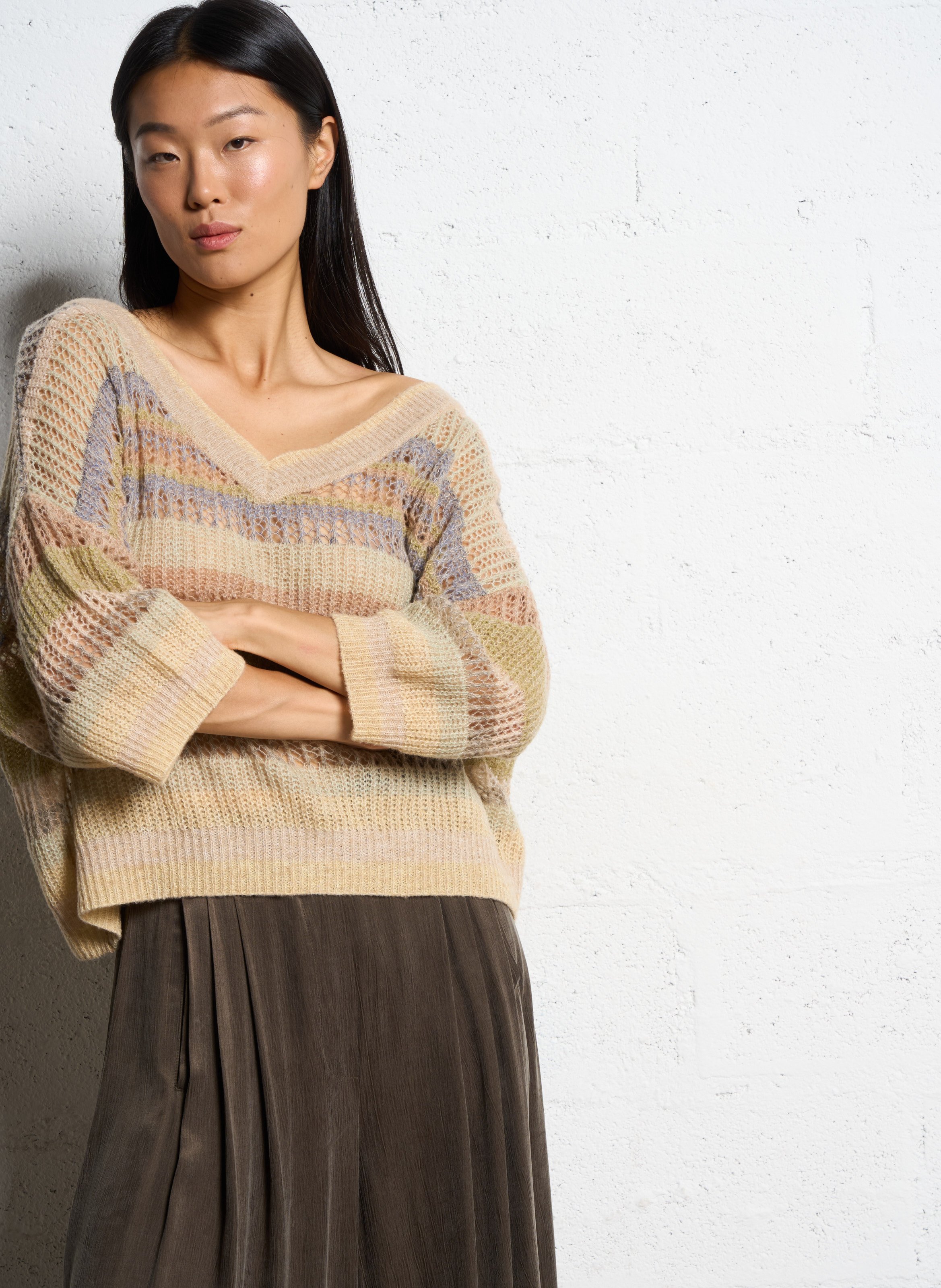 Pull rayé ample en maille ajourée MES DEMOISELLES Beige