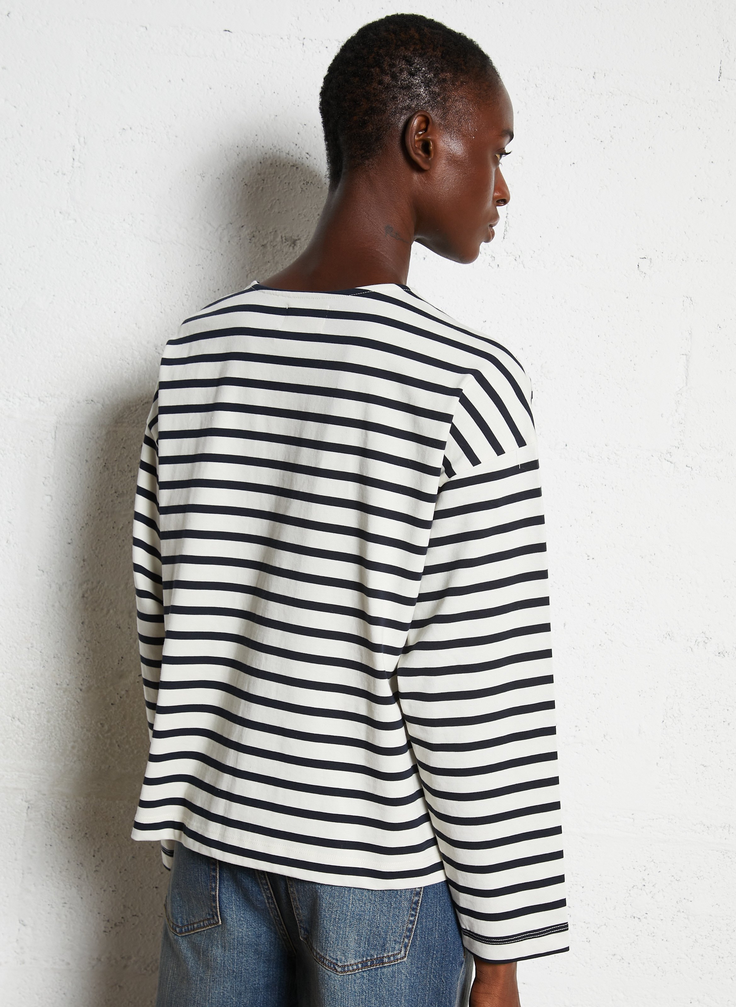 Top marinière manches longues en coton DES PETITS HAUTS Blanc