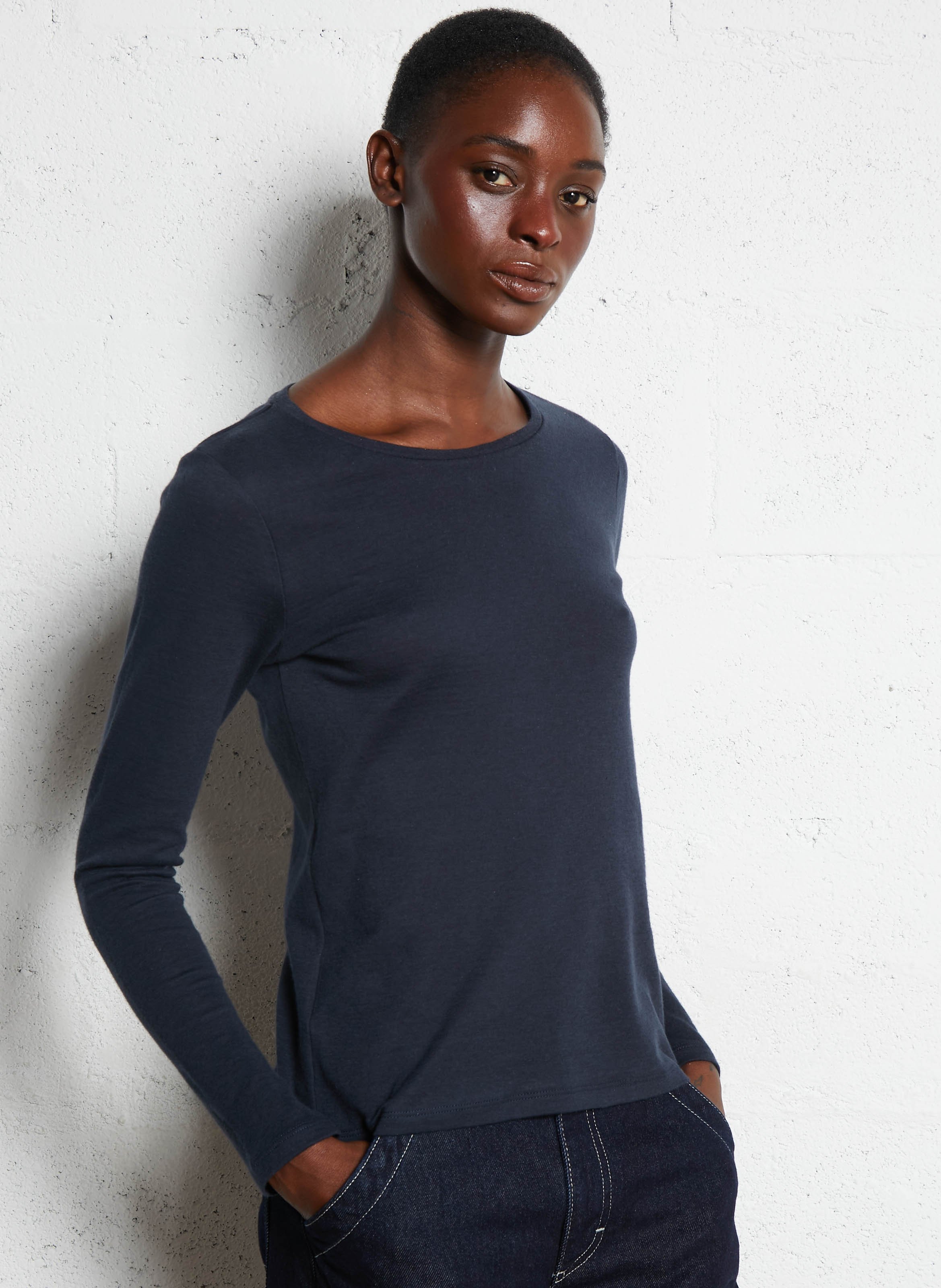 Tee-shirt cintré col rond en coton bio et cachemire MAJESTIC FILATURES