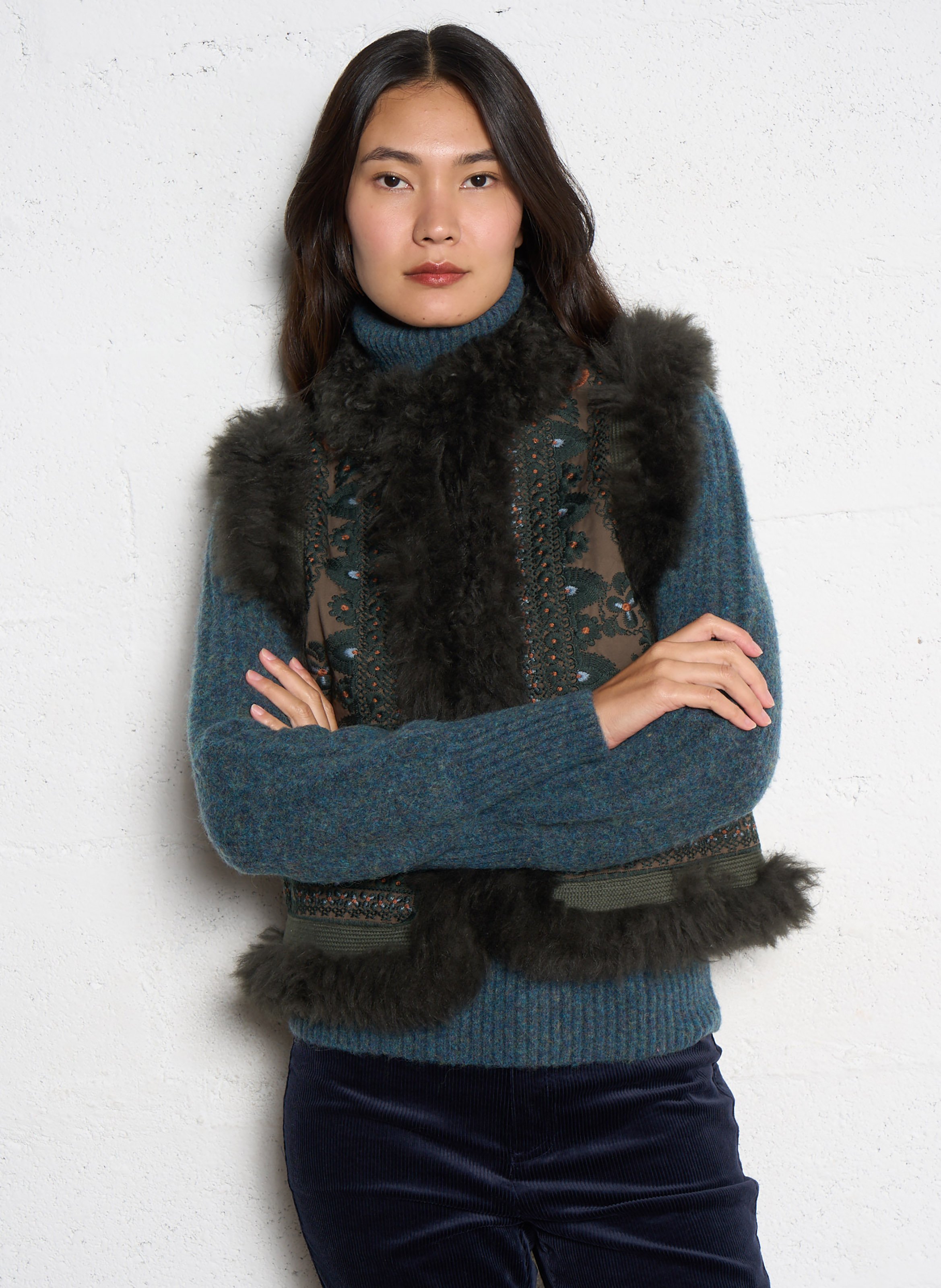 Sleeveless fur embroidered vest ANTIK BATIK Khaki