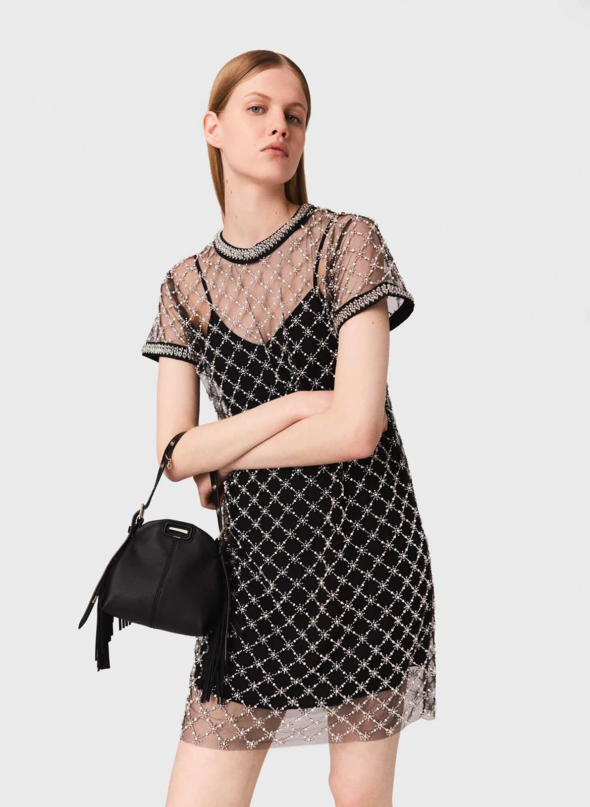 Vestido corto de tul bordado MAJE Negro