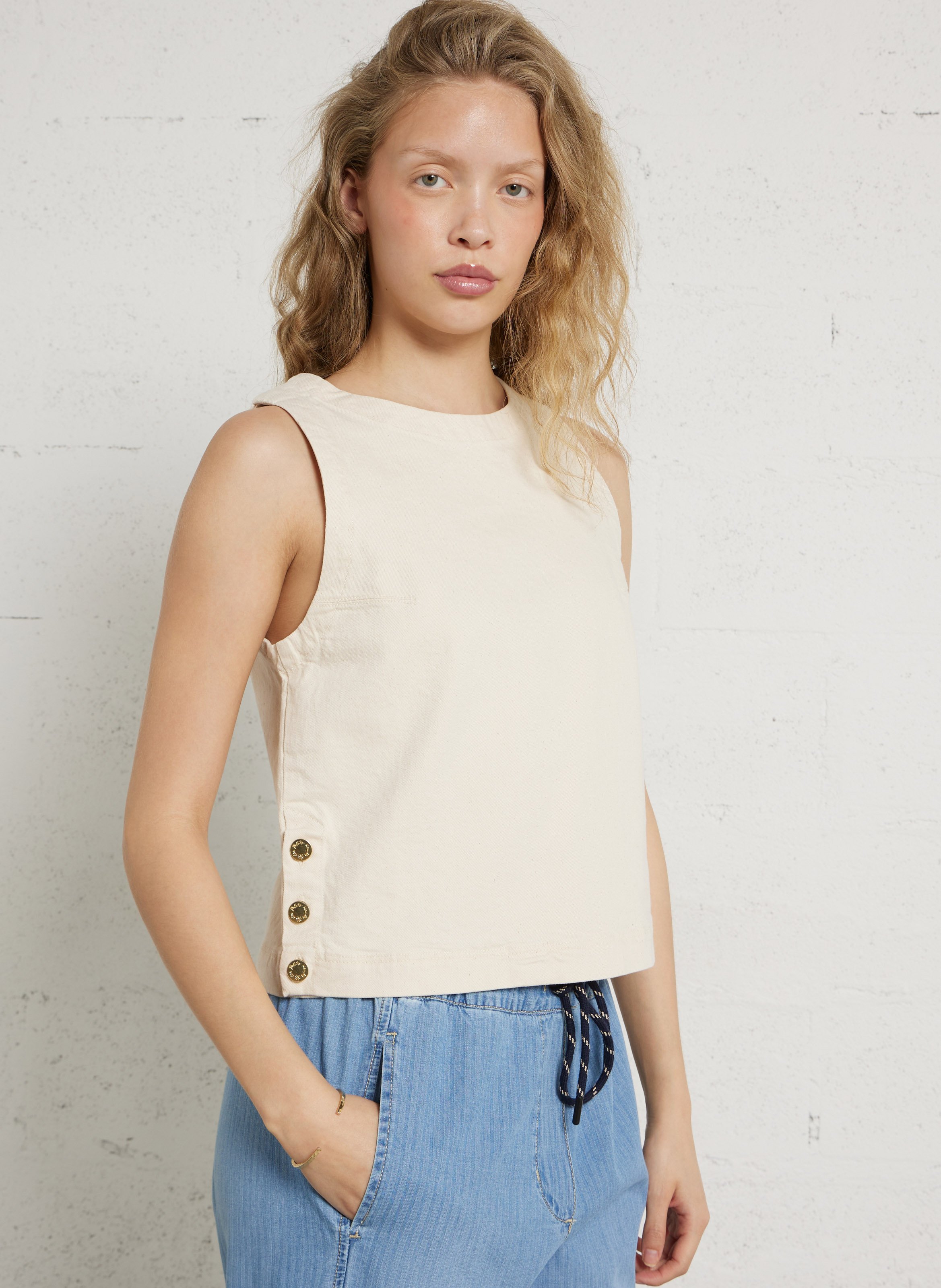 Top sans manches denim uni DES PETITS HAUTS Beige