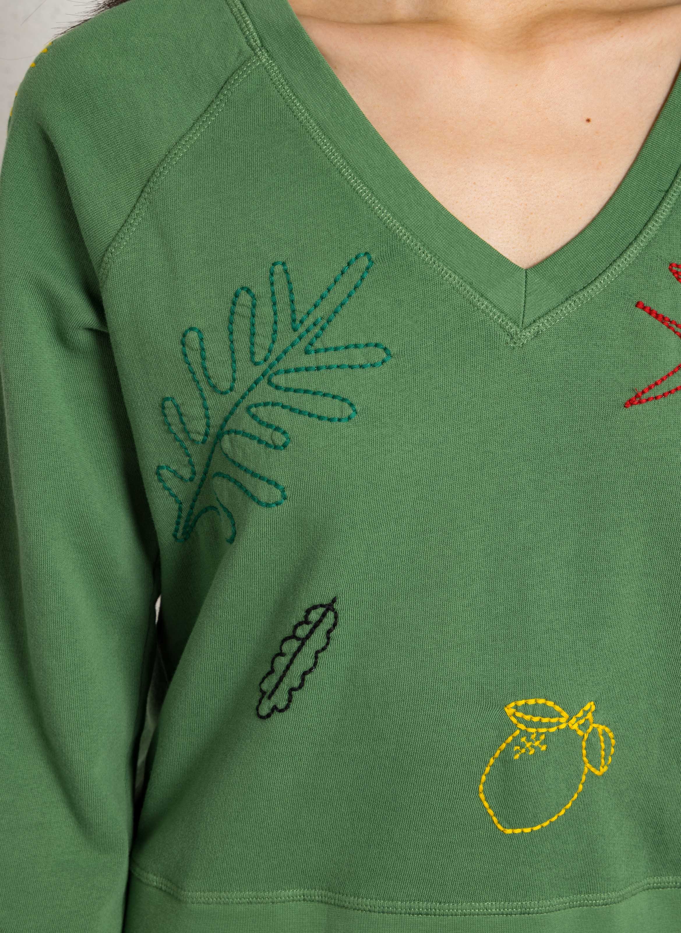 Sweat col V à motifs brodés LEON & HARPER Vert