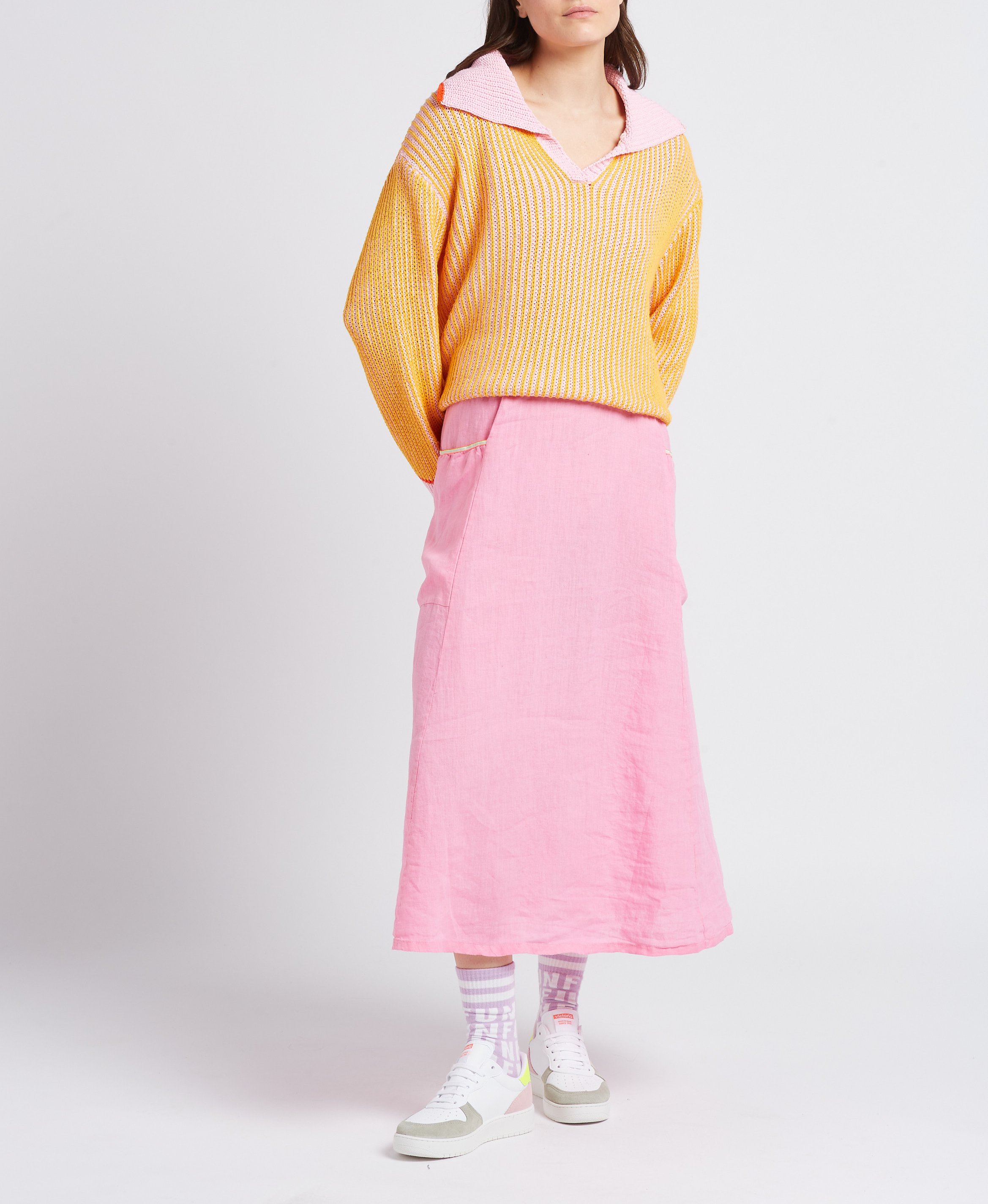 Striped cotton-blend mixed-knit sweater with lapels DR BLOOM Beige