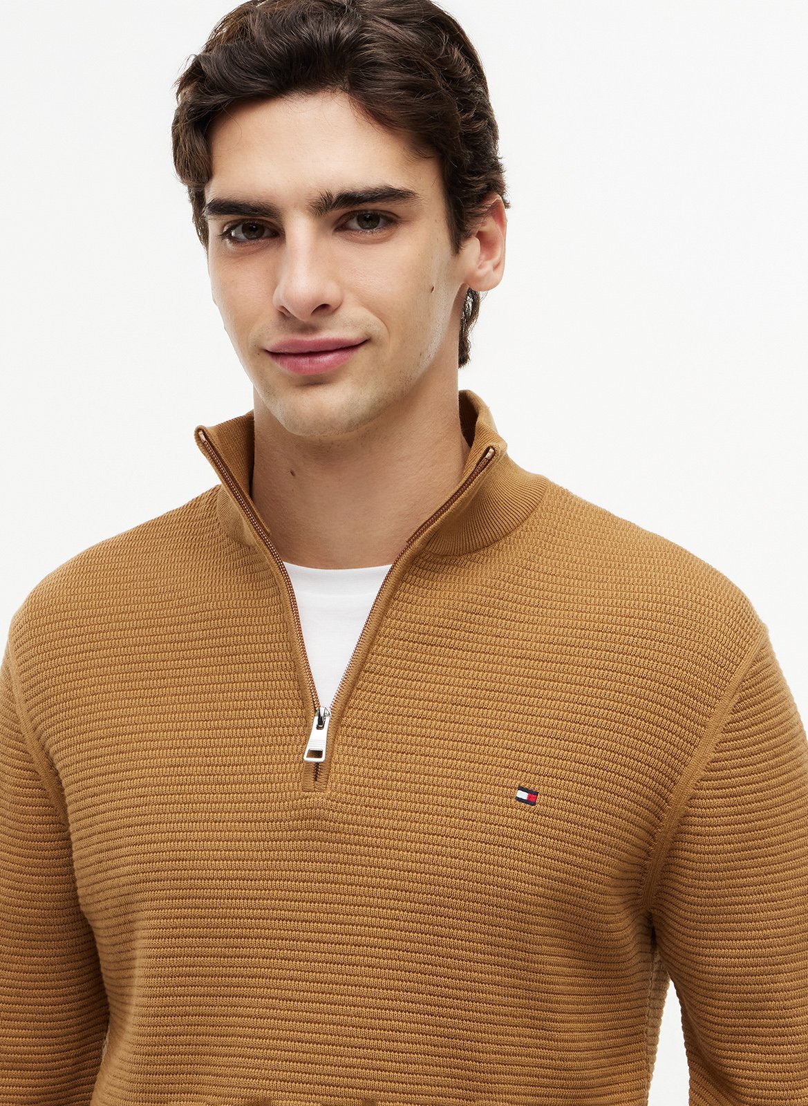 Sweat en maille col montant zippé Marron
