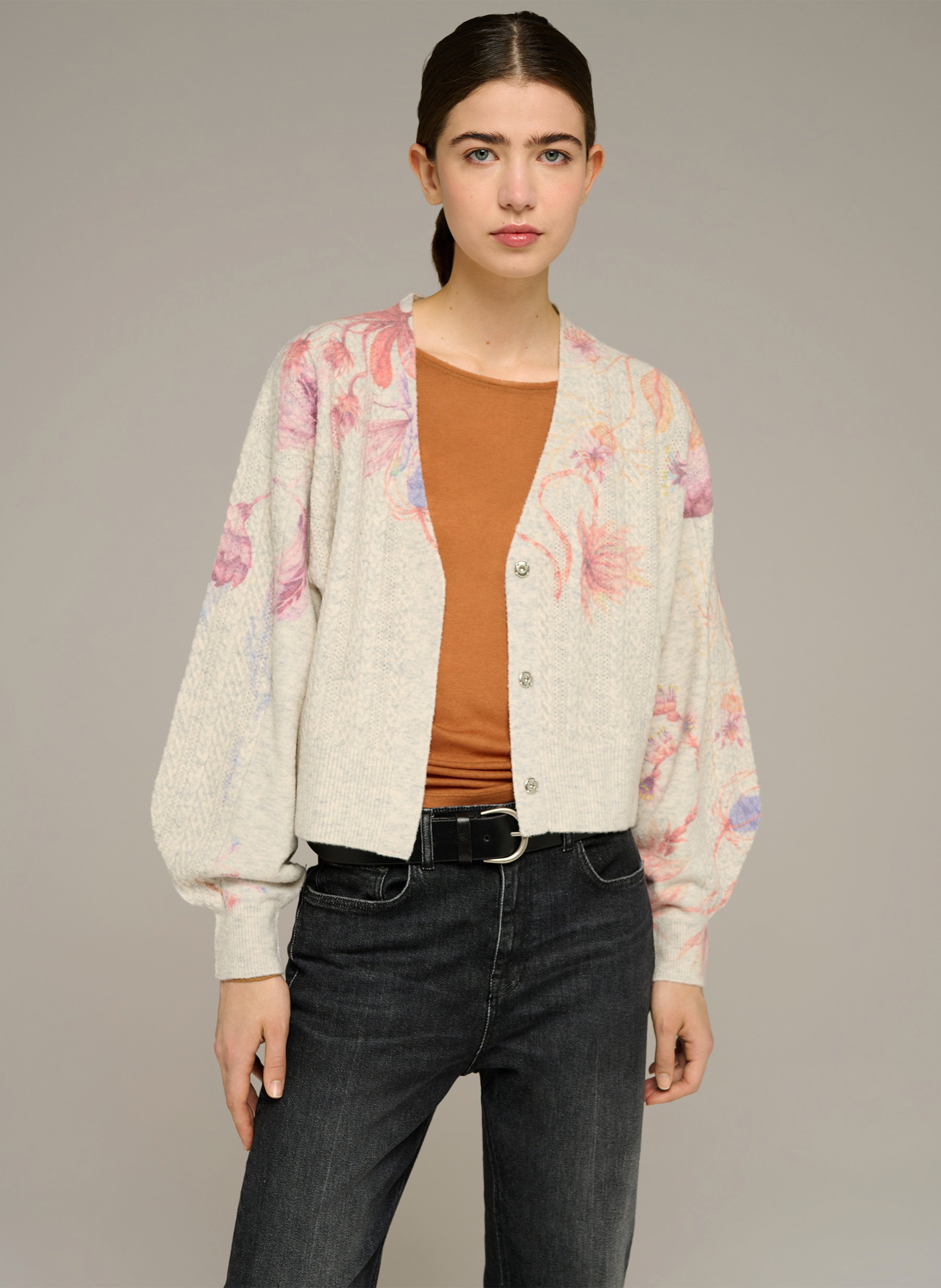 Cardigan droit col v imprimé en laine mélangée COTELAC Grijs