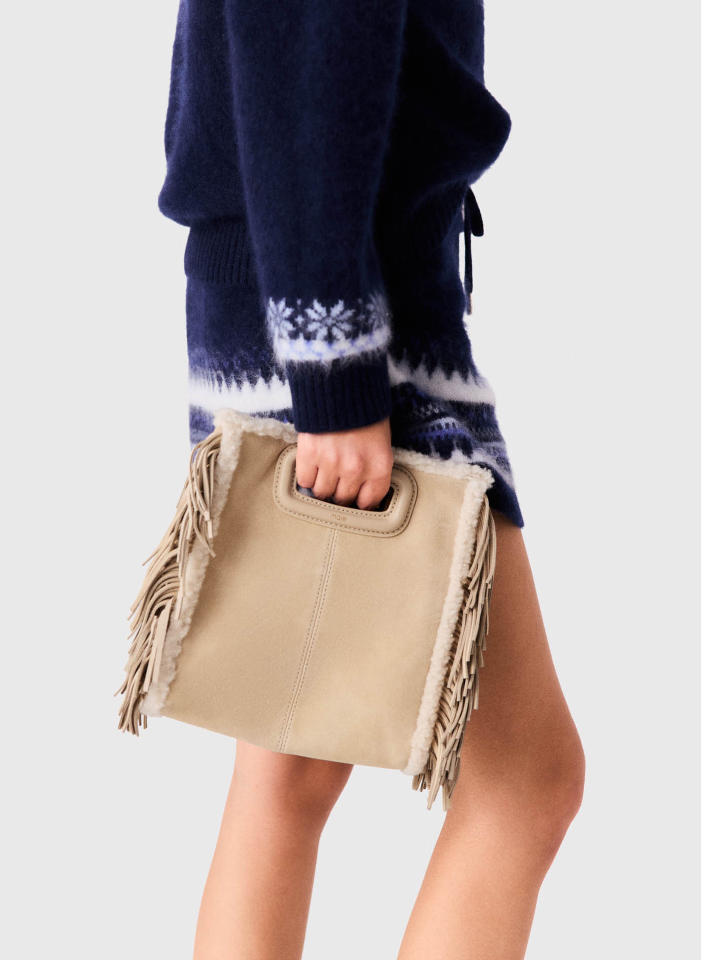 Sac bandoulière à franges en cuir MAJE Beige
