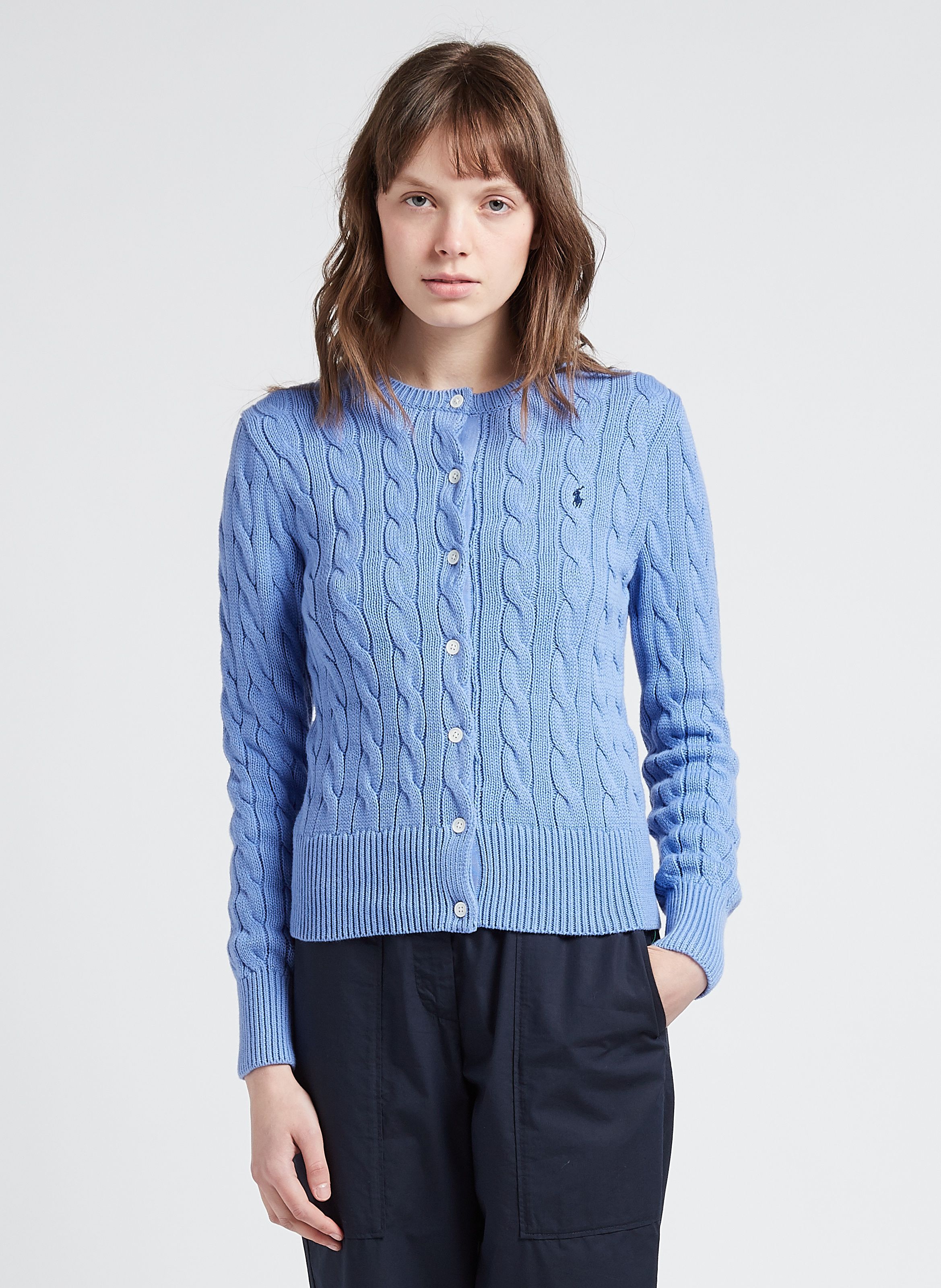 POLO RALPH LAUREN Blue Round-neck embroidered cotton cardigan