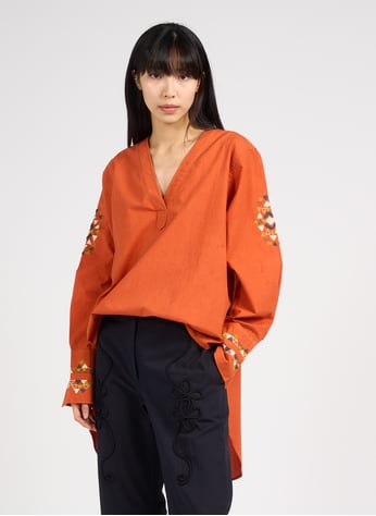 Chemisier orange à revers : chemise col montant en coton extensible - France Chemisier orange à revers : chemise col montant en coton extensible - France